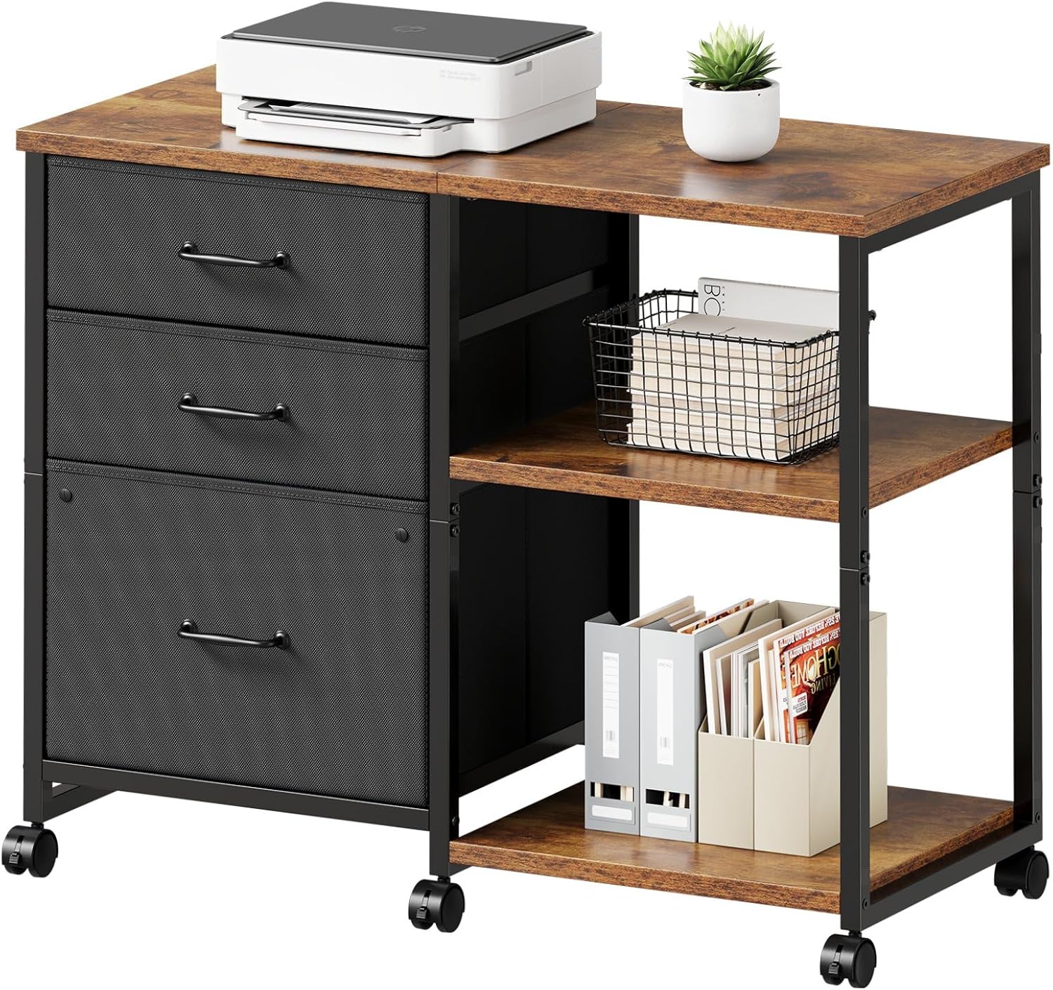 3 Drawer File Cabinet with Wheels Rolling Printer Stand with Open Storage Shelf Fabric Lateral Filing Cabinet for Home Office,Rustic Brown