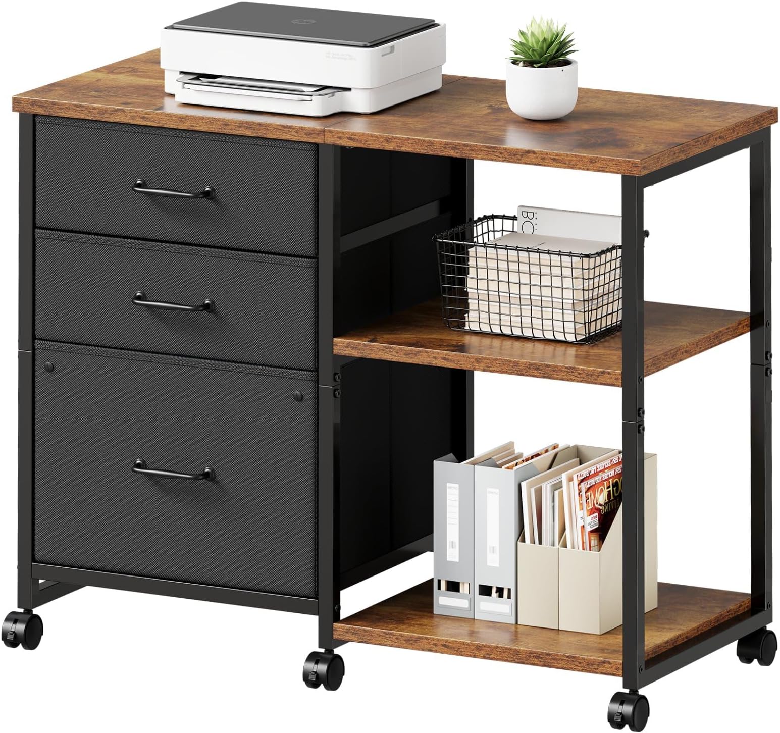 3 Drawer File Cabinet with Wheels Rolling Printer Stand with Open Storage Shelf Fabric Lateral Filing Cabinet for Home Office,Rustic Brown
