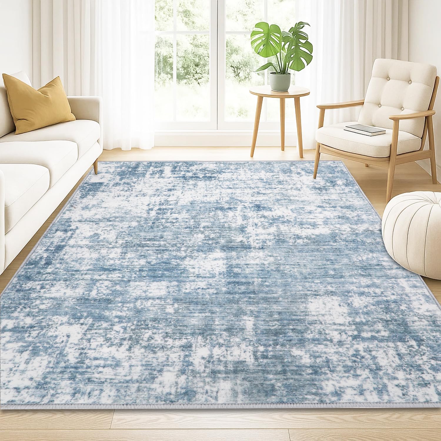 Grand Tapis Salon Moderne Abstrait Lavable en Machine, à Poils Courts en Fausse Laine,Tapis de Salon Antidérapant pour Chambre à Coucher, Bleu Gris, 160x230cm