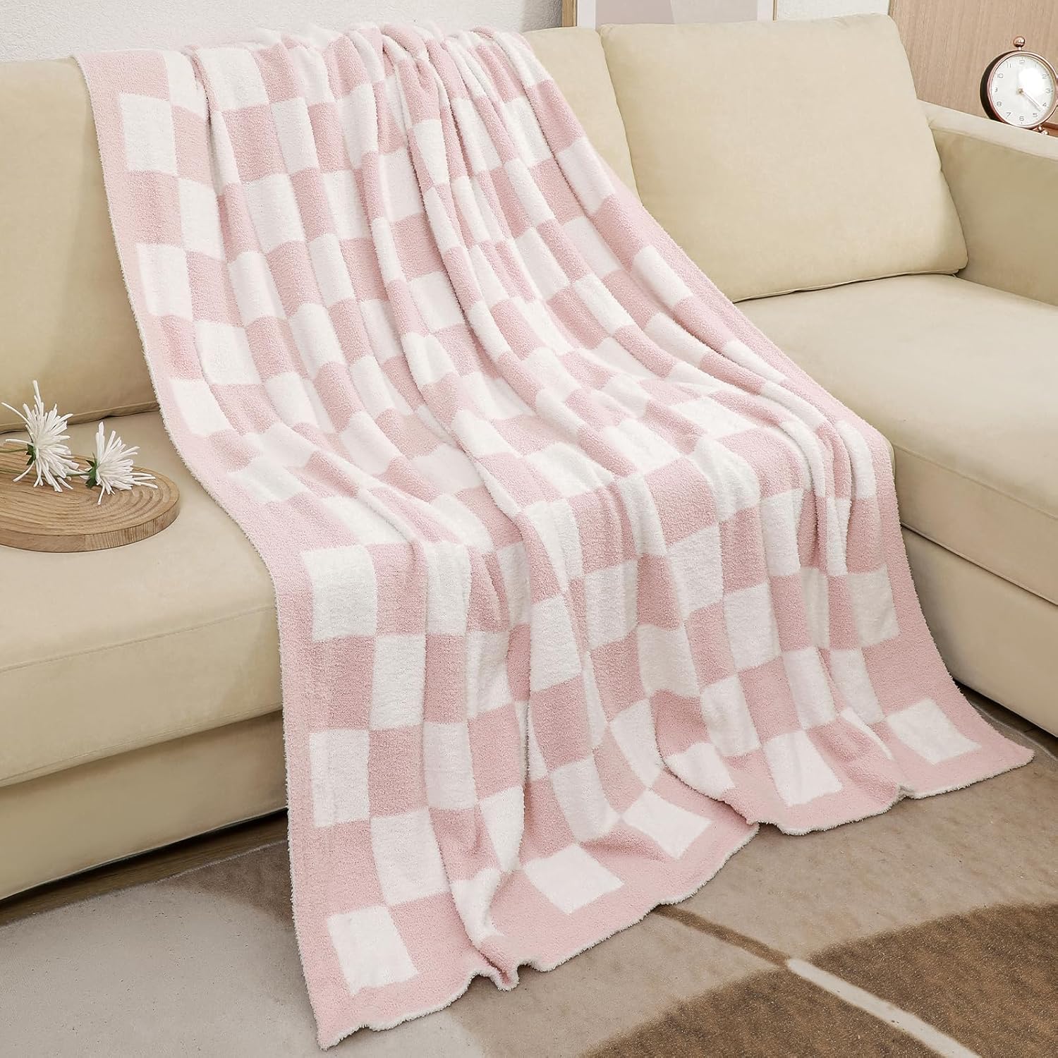 Microfiber Knit Throw Blanket, Checkerboard Grid Fuzzy Pattern, Soft Fluffy Cozy Warm Lightweight, for Sofa Bed Home Decor Carry, 50"x60", Pink/White