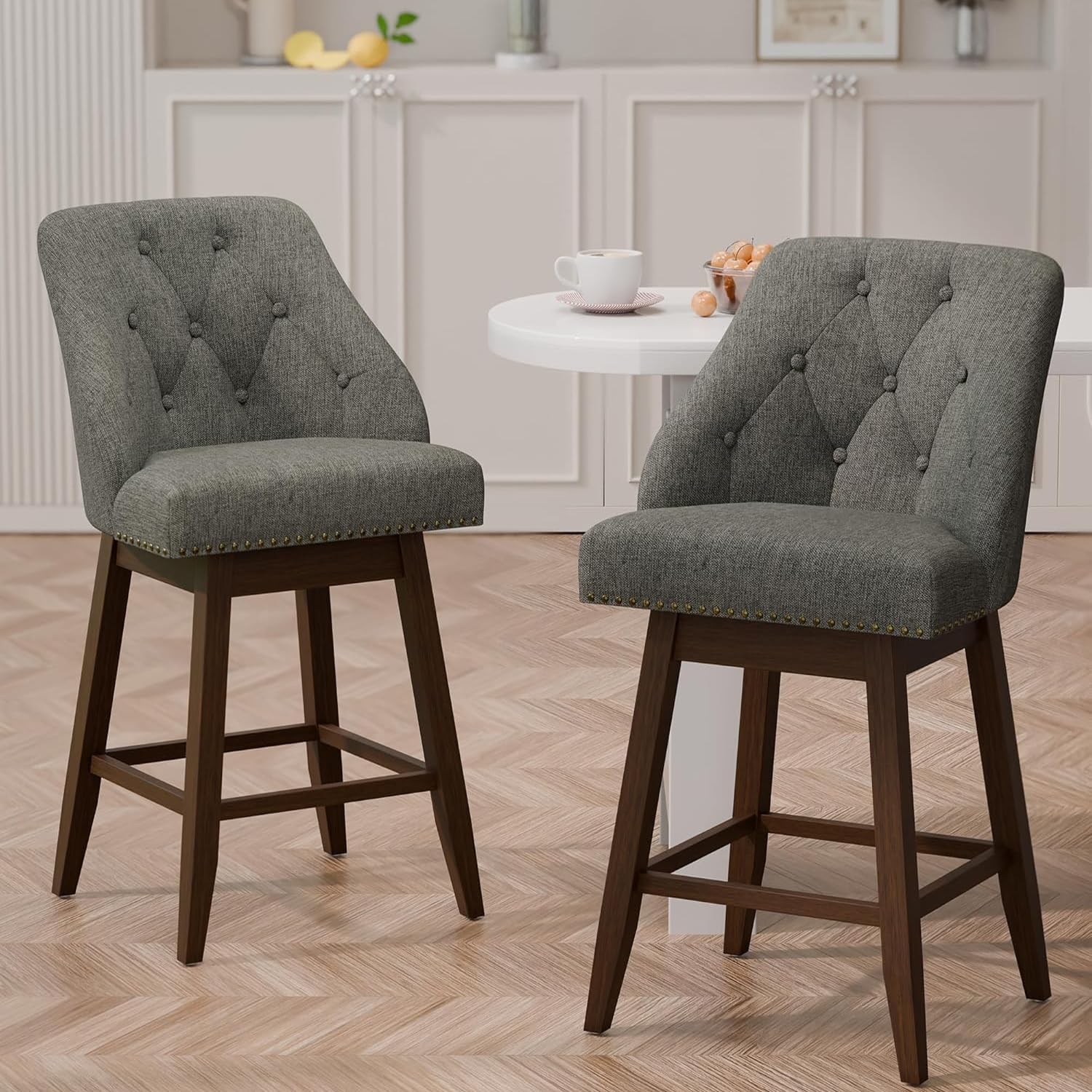 Buytime Modern Swivel Bar Stools with Tufted Back Set of 2, 26" Counter Height Upholstered Island Stool, Solid Wood Legs (Grey, 26" - Set of 2)