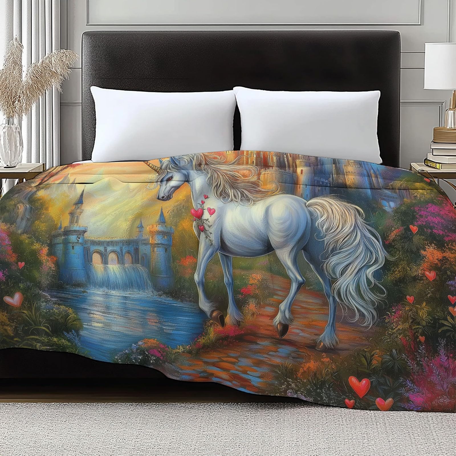 Koc z nadrukiem jednorożca, kolorowy, 200 x 200 cm, miękki, przytulny, termiczny, flanelowy, pościel dla chłopców i dziewcząt, na łóżko, kanapę, puszysta, narzuta, 200 x 200 cm