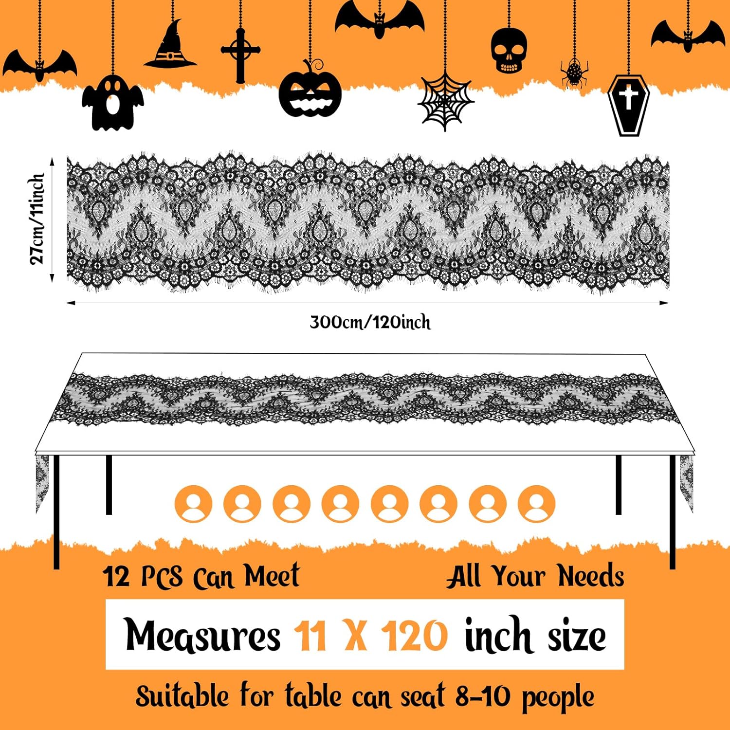 Chumia 12 Pcs Black Lace Table Runners 11 x 120 Inch Rustic Wedding Table Runner Decor Vintage Romantic Black Lace Tablecloth Party Decor for Halloween Engagement Hotel Home(Elegant)