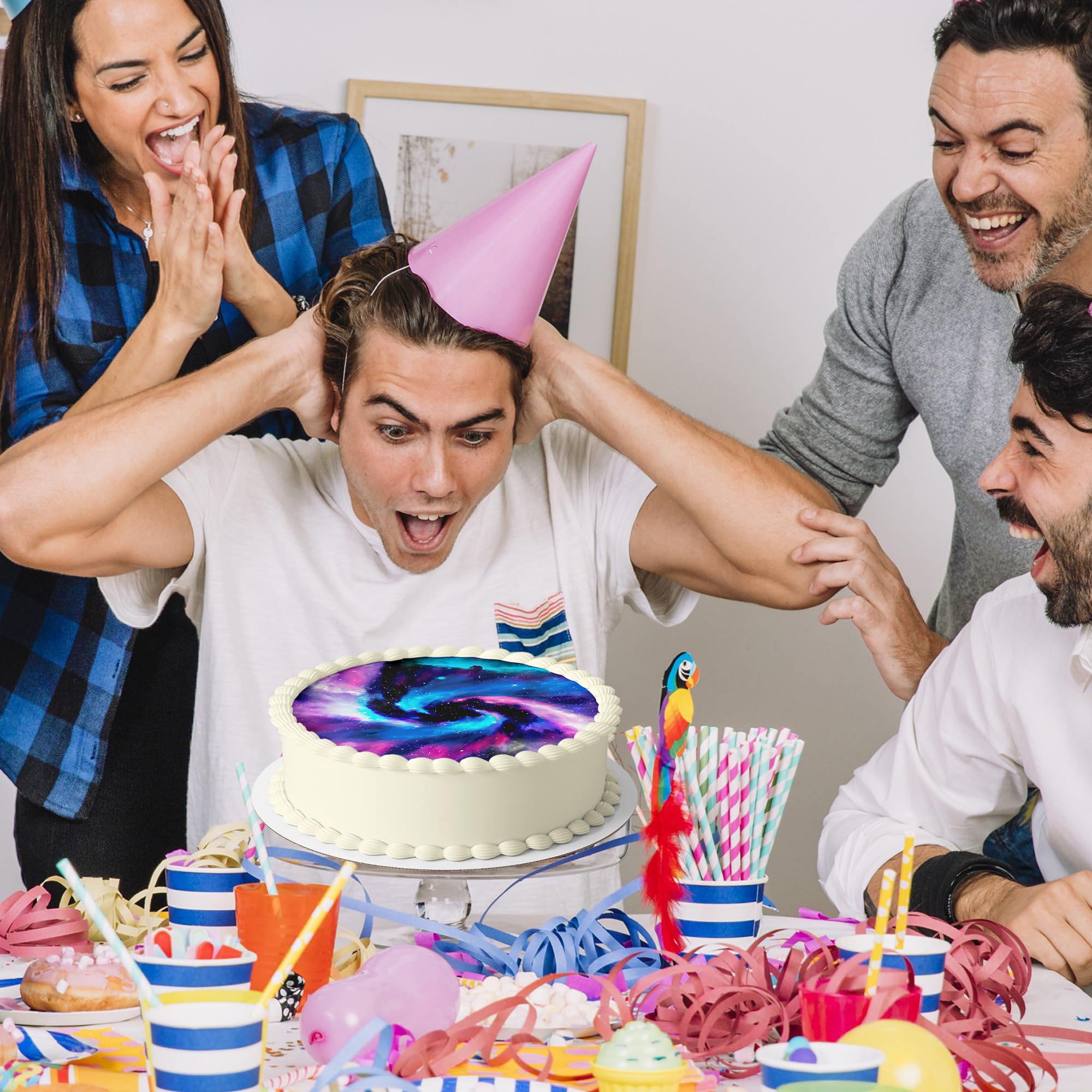 J&M DECO Nakładka na tort Galaxy – jadalna dekoracja na tort Ø 20 cm – obraz na tort z motywem kosmicznym na urodziny dziecka – papier cukrowy dekoracja tortu – gotowa do użycia
