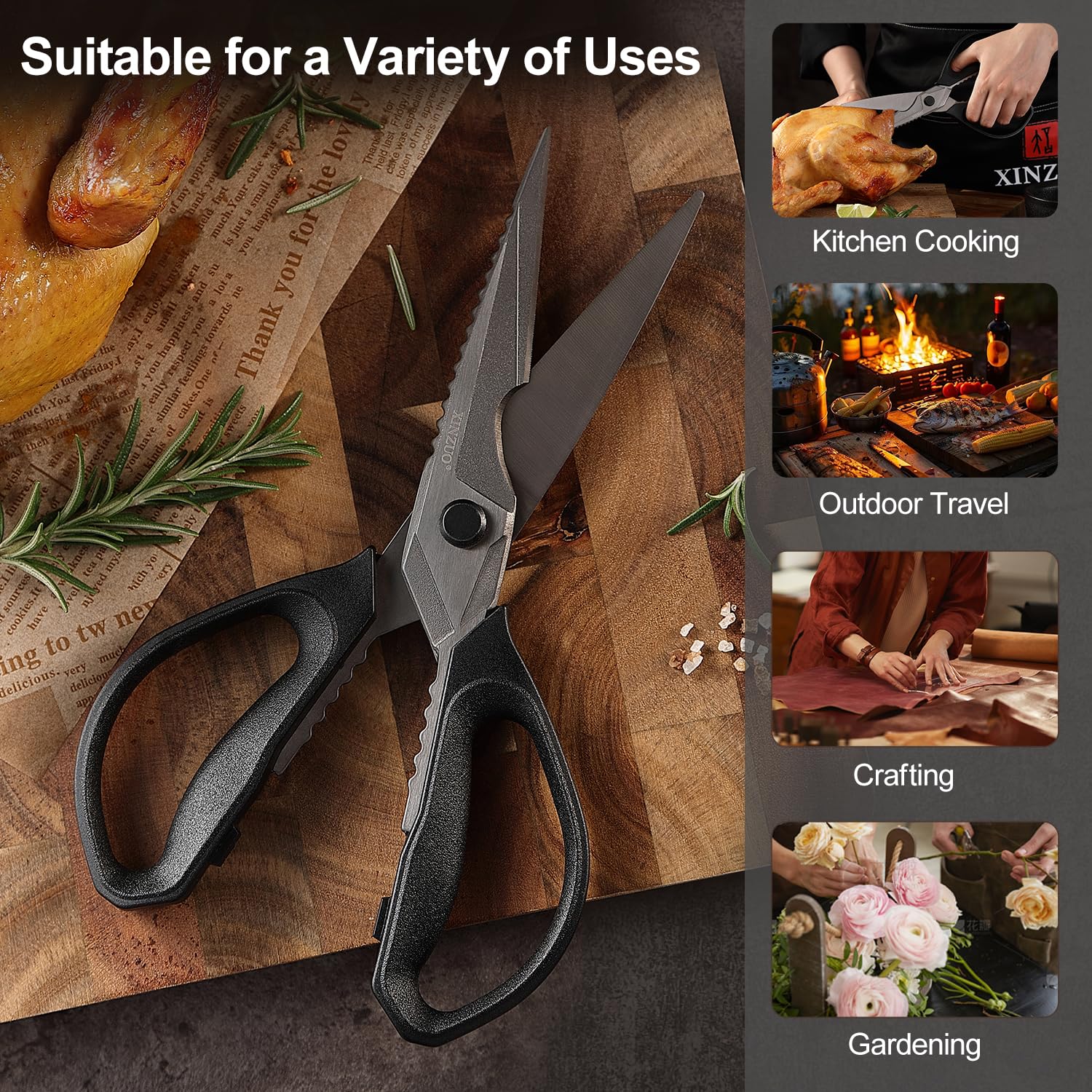 XINZUO Forbici da Cucina Professionali Acciaio Inox Rivestite in Titanio Nero Manico Antiscivolo