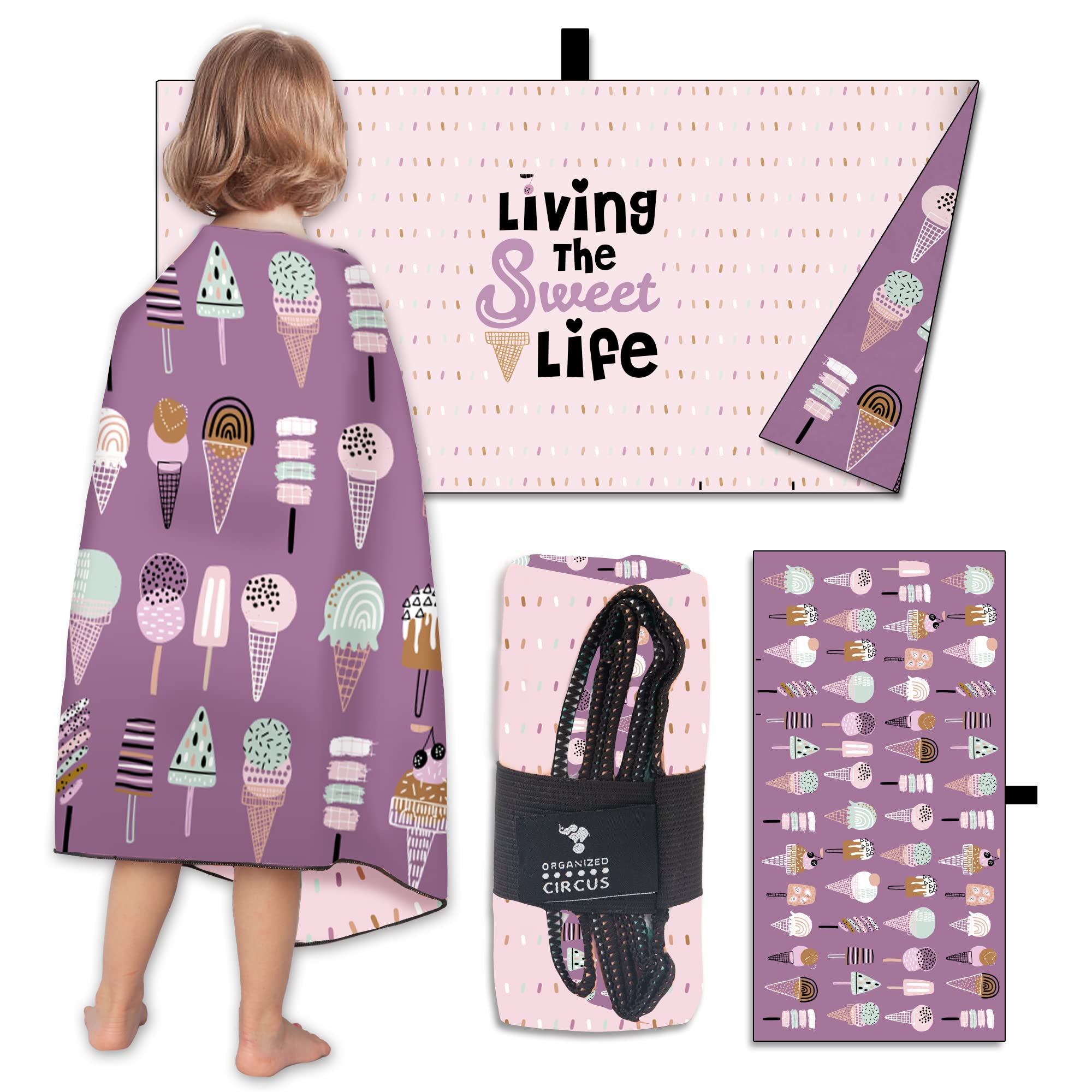 Organized Circus Packable Microfiber Toddler Beach Towel - Quick Dry Travel Towel Lightweight Sand Free Beach Towels for Kids Perfect for Beach, Pool, and Travel for Girls or Boys (Purple Popsicle)