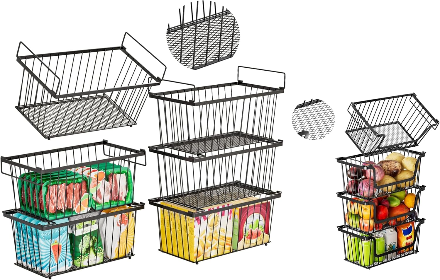 6 Pack Stackable Deep Freezer Organizer Bins ，Upgraded Bottom Leak-Proof net and 4PCS-U-Shaped Stackable Wire Baskets