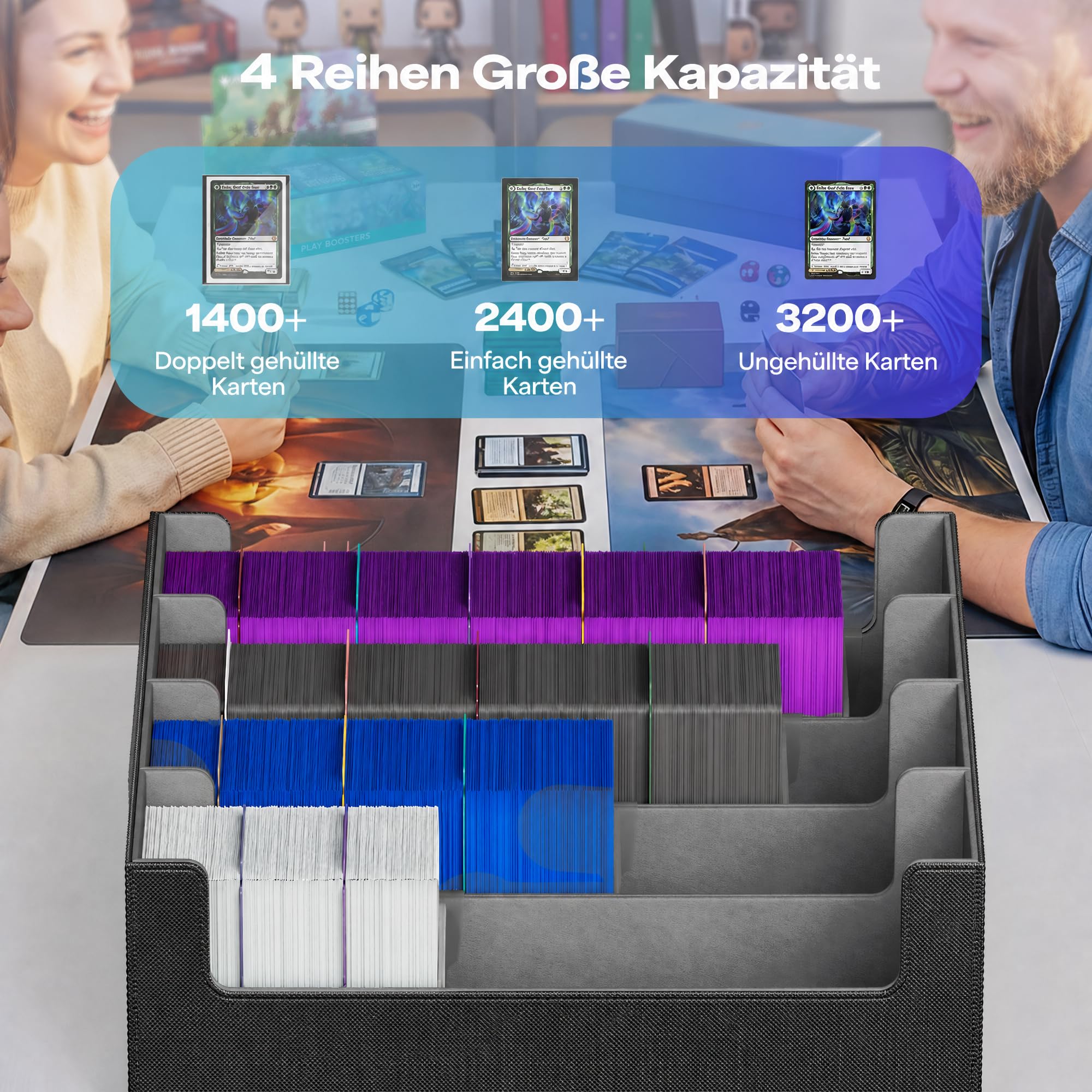 UAONO Kartenaufbewahrungsbox für Trading Cards, 2400+ MTG Commander Deck Box mit 24pcs bunten Teilern, Kartenetui passend für Magic TCG PTCG Spielkarten(schwarz und grau)