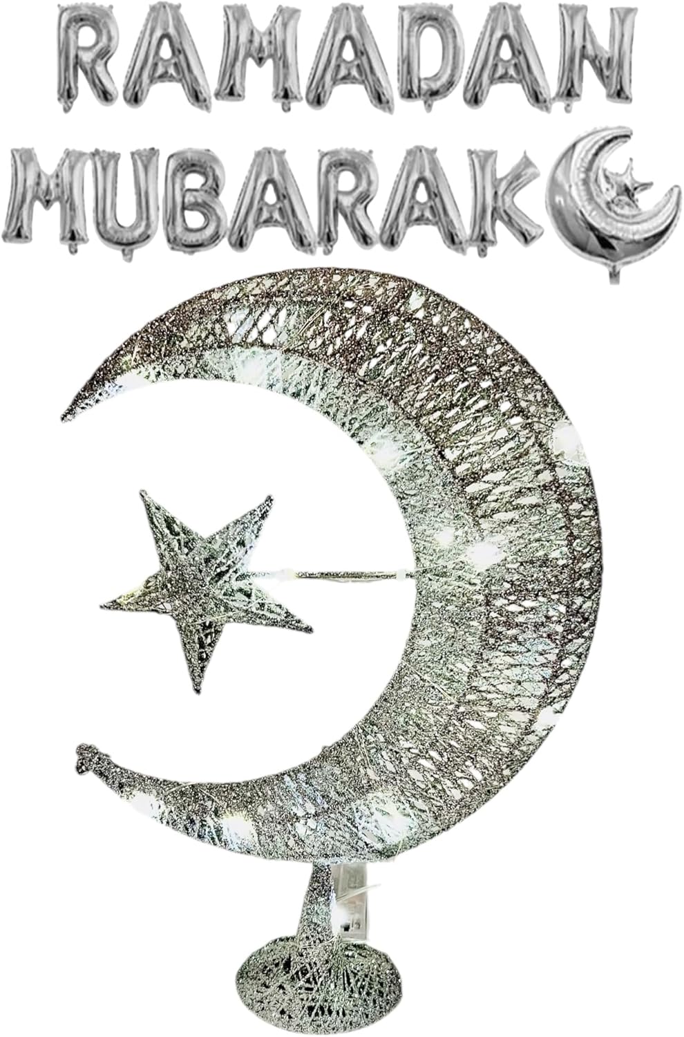 Eid Crescent Moon Star Table Lamp - Battery-Powered LED Light, Festive Home Décor Eid Gift Set with Mubarak Balloons, 14” Long (Silver)