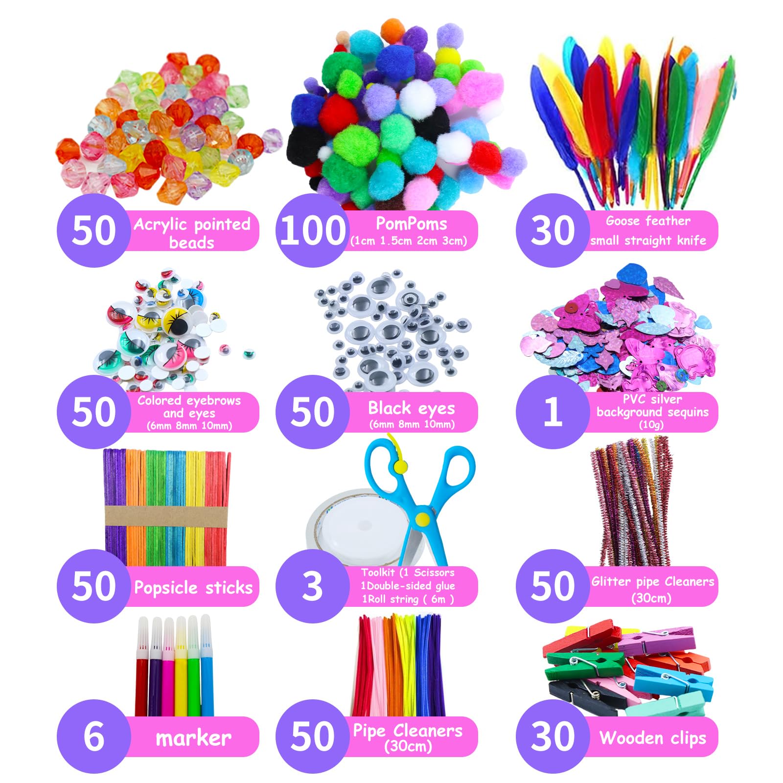 NINGESHOP Kit Bricolage Enfant, 2200+Pièces Enfant Feutrine Loisirs Creatif DIY Activites Manuelles,Pipe Cleaners Crafts Set, Fournitures Éducatives, Loisirs Créatifs, Plumes,Yeux écarquillés