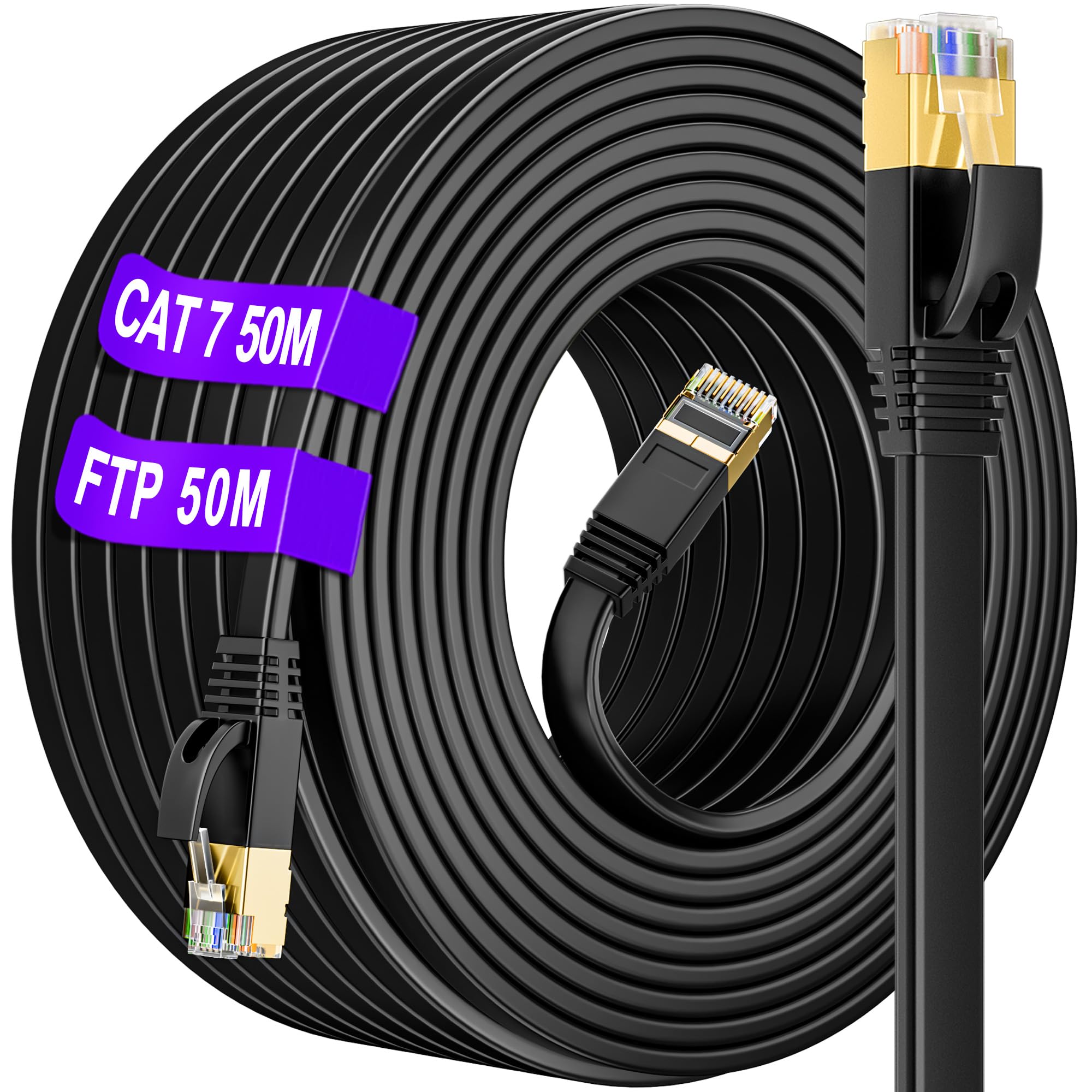 Cable Ethernet 50m Cat 7 Cable RJ45 Blindé, Haut Debit Câble Réseau Plat | Haute Vitesse Intérieur Extérieur(50 Clips)- S/FTP Gigabit Anti-Brouillage Aucune Perte Signal- Plus Rapide Que Cat6/Cat5