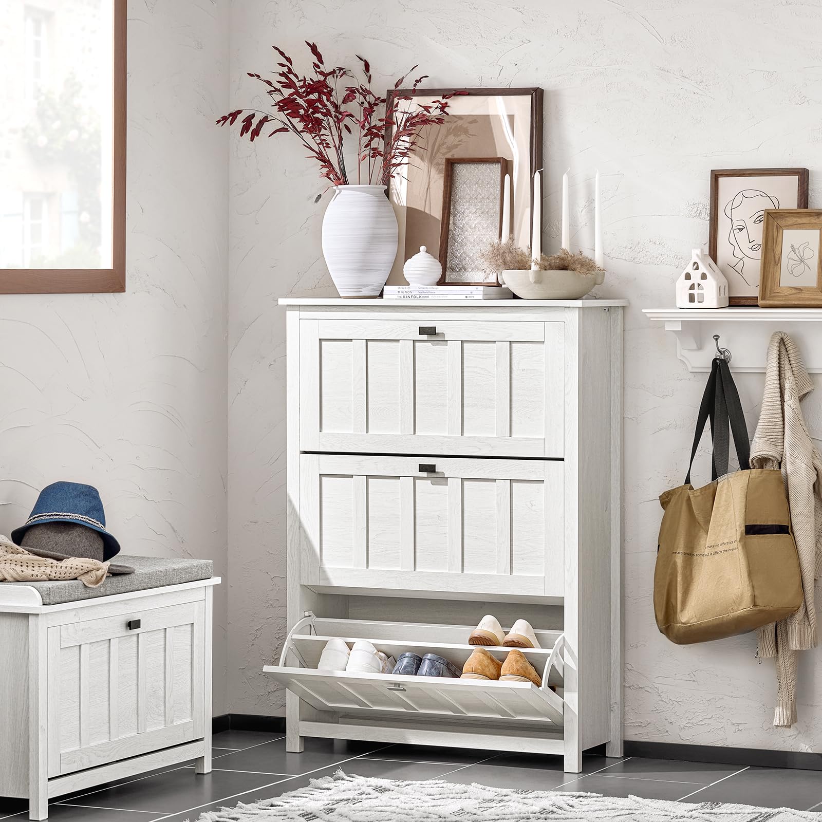 SoBuy Zapatero Estrecho con 3 Solapas 80x30x111cm para recibidor | Mueble zapatero blanco con 3 solapas abatibles, MDF/PB, capacidad 12 pares FSR162-W