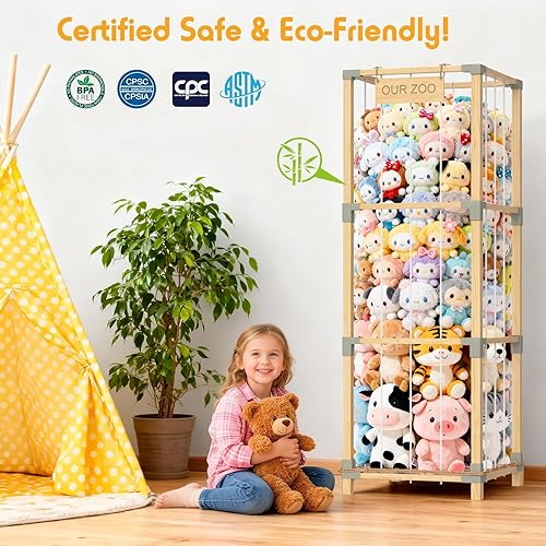 Miniatura 4 de Almacenamiento zoológico de animales de peluche de 200 litros, soporte extra grande de 3 niveles, torre de almacenamiento de peluches de bambú