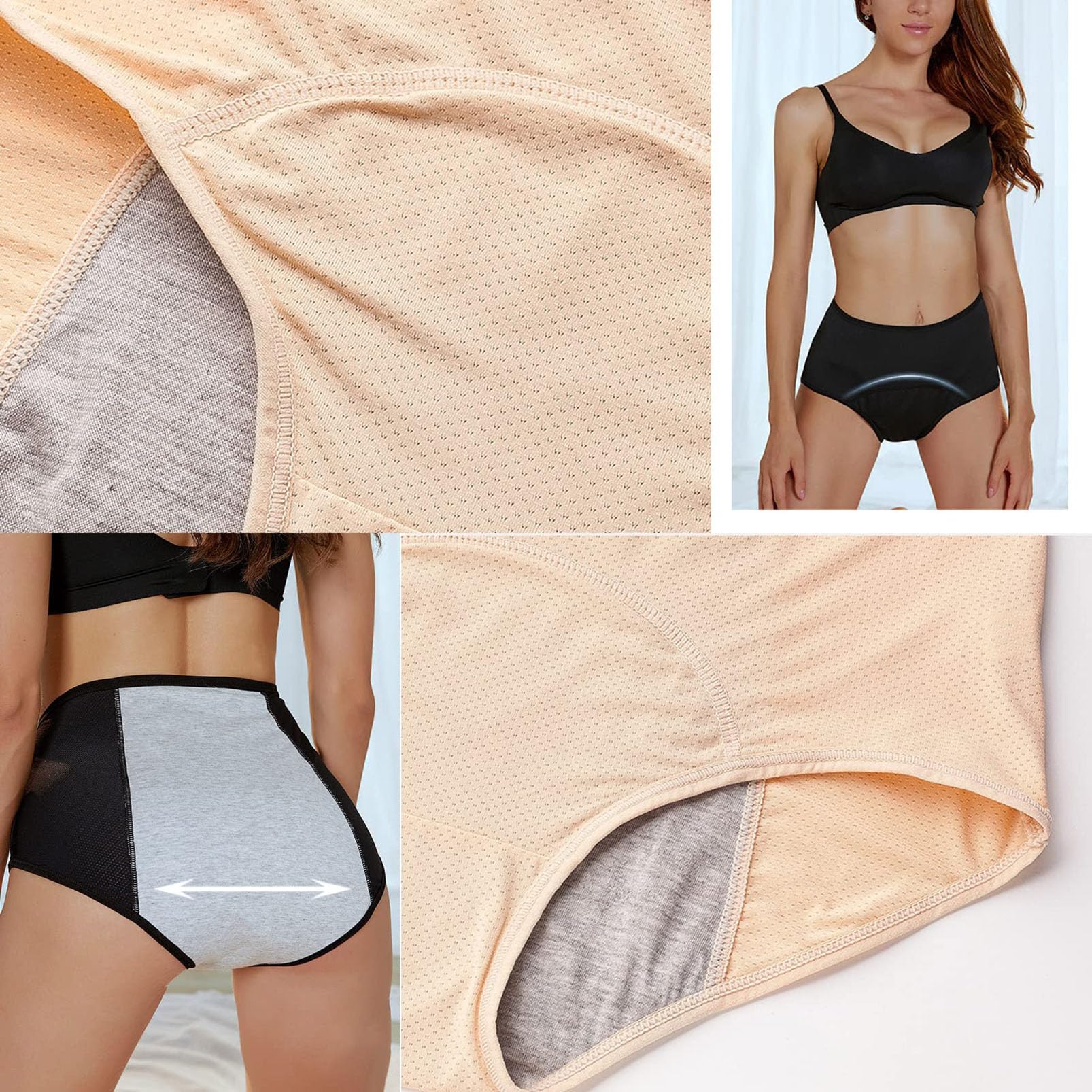 Bragas de período Menstrual, Ropa Interior de algodón Transpirable Calzoncillos Protectores a Prueba de Fugas, Cintura Alta Bragas de Incontinencia, Paquete de 5