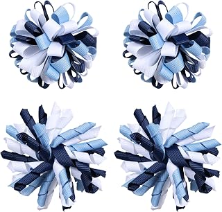 School Spirit Curly Corker Ribbon Bow Hair Clips White Navy Blue for Girls | School Uniform Korker Bows, Back School Cheer Bow Alligator Barrettes, Birthday Party Dress Décor Accessory Gift,3in,4 Pack