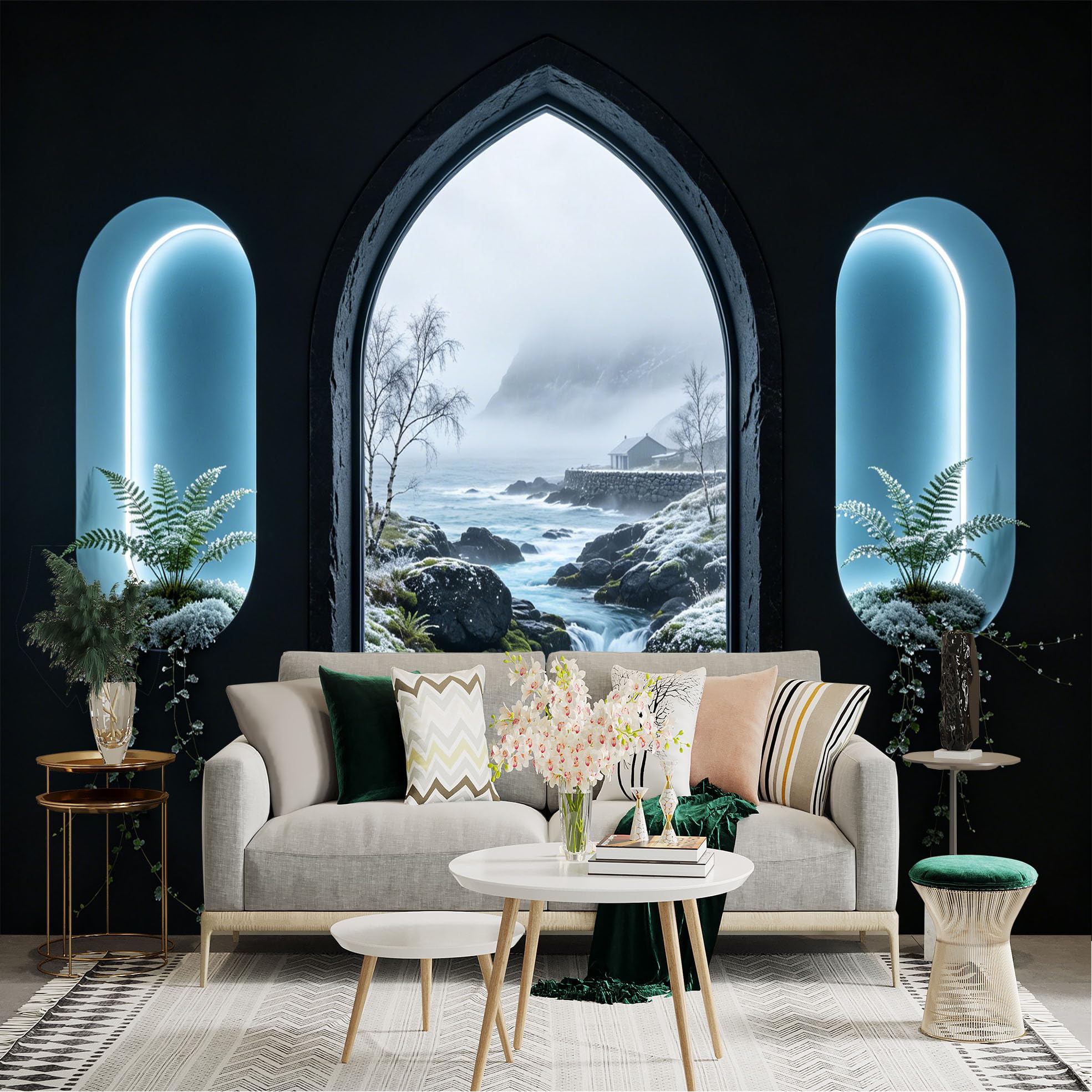 Lnzczhyre Dbh260521397 Custom Size Wall Sticker Mural， Scenic Nordic Coastal View， Misty Ocean Landscape， Rocky Shoreline With Ferns， Serene Window Nature Scene， For Wall Decoration， Peelandstick Wall Decals.