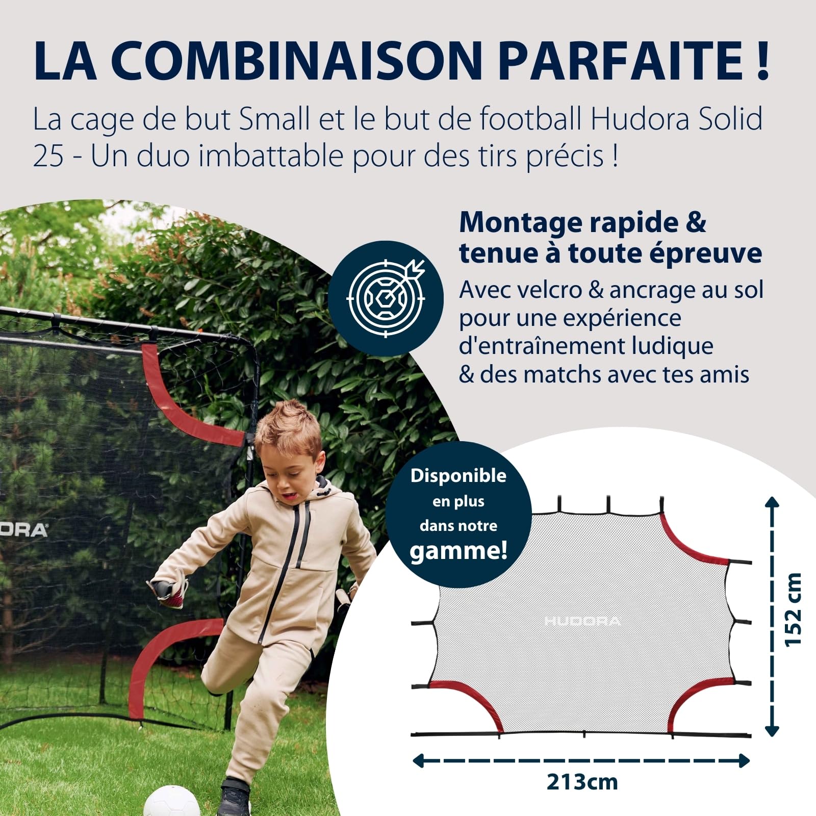 HUDORA But de Football Solid 25 - But de Football Stable pour Enfants & Adultes - Résistant aux intempéries avec Filet en Polyester à Mailles serrées - pour s'amuser & s'entraîner l'extérieur