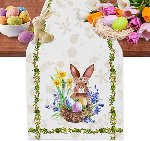 Camino de mesa de Pascua con diseño de hojas verdes de conejo de Pascua para decoración de temporada de primavera hogar fiesta 13 x 72 pulgadas