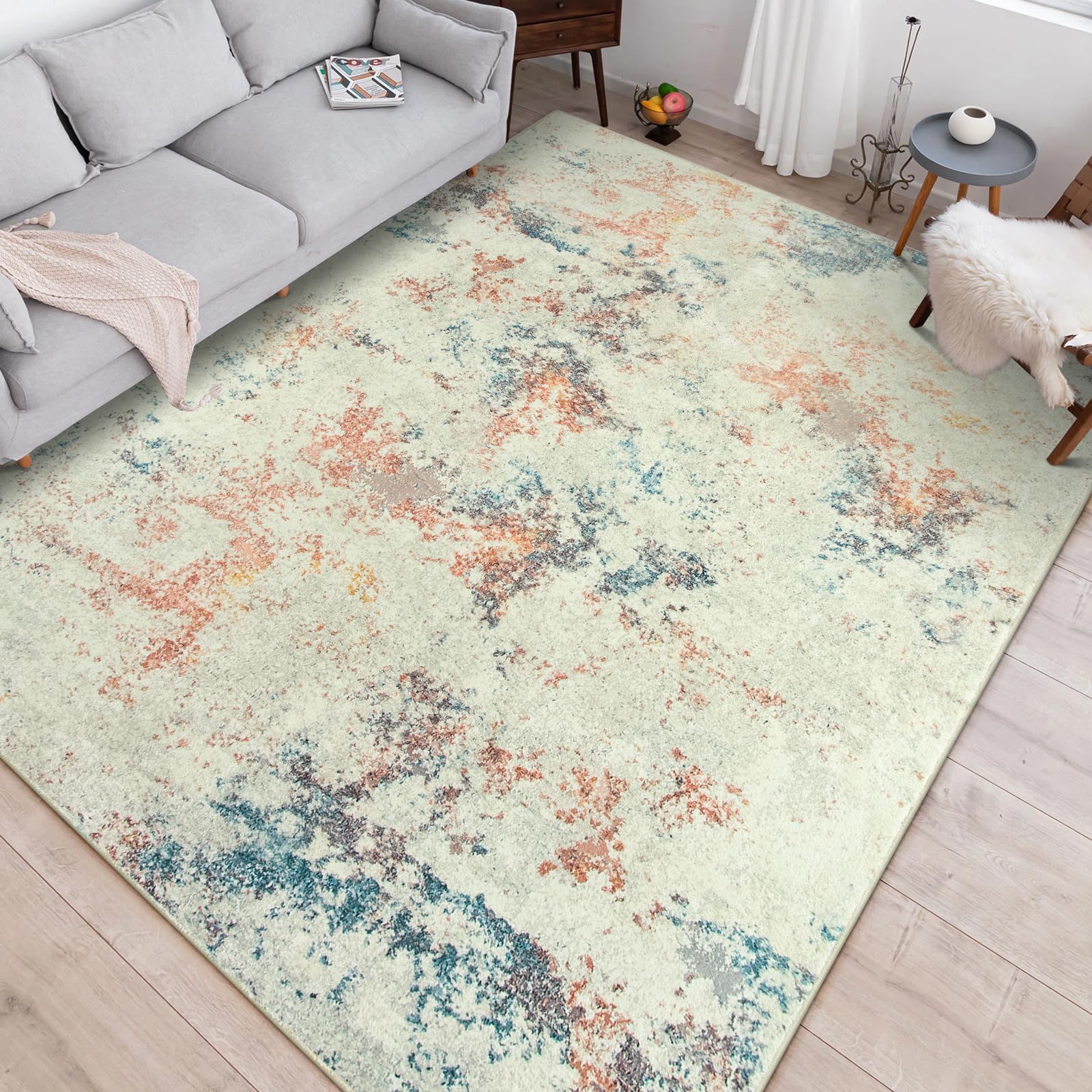 Lahome Modern Abstract 6x9 Rugs,Washable Soft Girls Bedroom Area Rug Stain Resistant Low-Pile Floor Rugs Multicolor Contemporary Accent for Entryway Kids Playroom Dining Room,(Orange/Ivory/Blue)