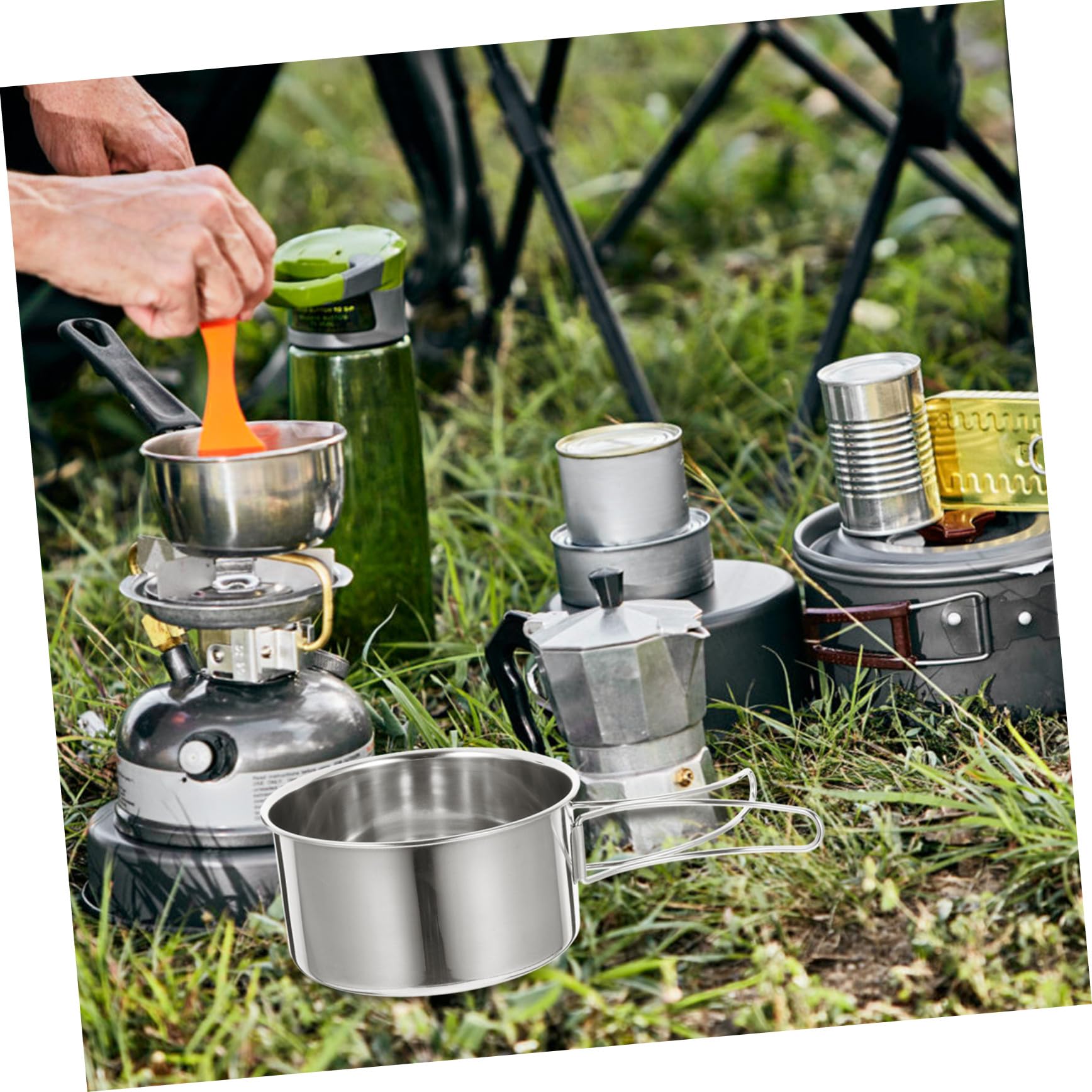 iplusmile Ensemble de Casseroles et Poêles de Camping 4 Pièces en Acier Inoxydable 304 Poignée Pliable, Kit la Cuisine D'extérieur Léger et Portable pour Randonnée, Camping et Trekking