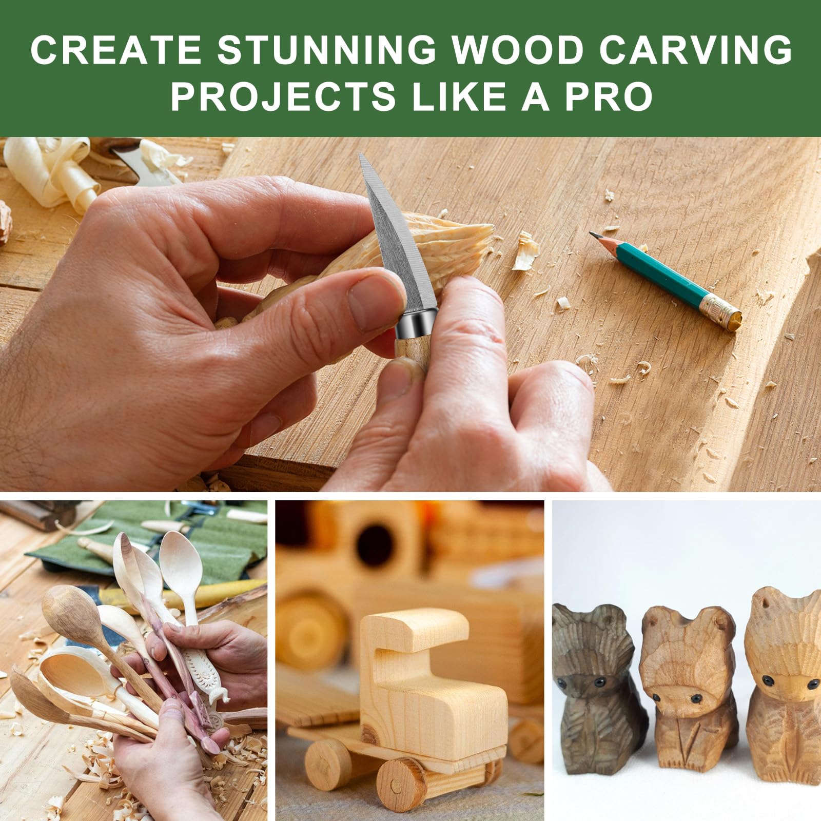 Kit d'outils de sculpture sur bois 18 en 1 pour adultes, enfants, débutants, 8 blocs de sculpture en bois de tilleul, kit de sculpture sur bois avec 6 couteaux de sculpture pour bois, taille-crayon