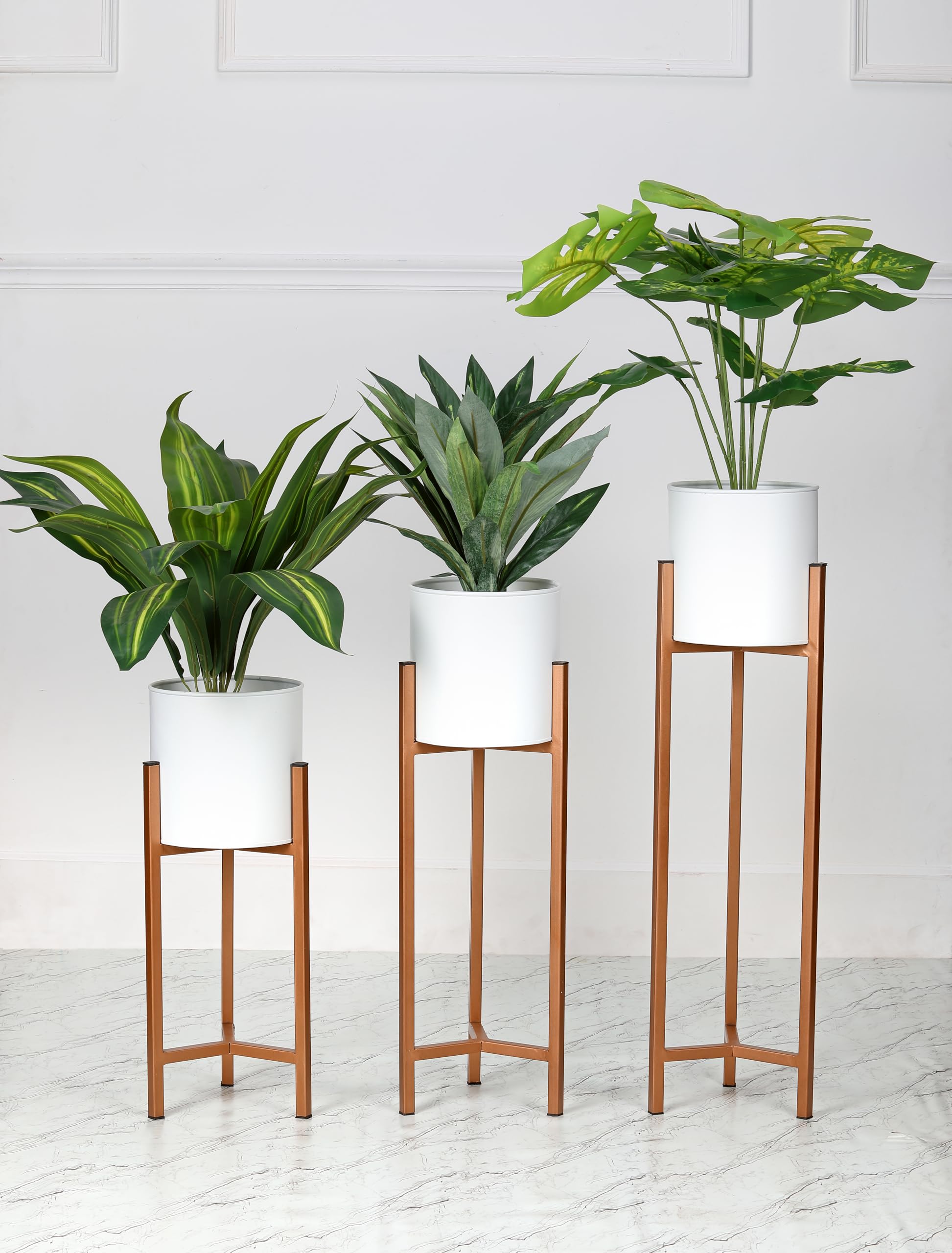 Rust & Shine Modern Metal Decorative Floor Standing Plant Stand with Pot, White & Gold, Indoor/Outdoor, for Home Decor, Living Room, Office, Bedroom, Balcony, Pack of 3 (B0D9TPHKS3) Amazon Price History, Amazon Price Tracker