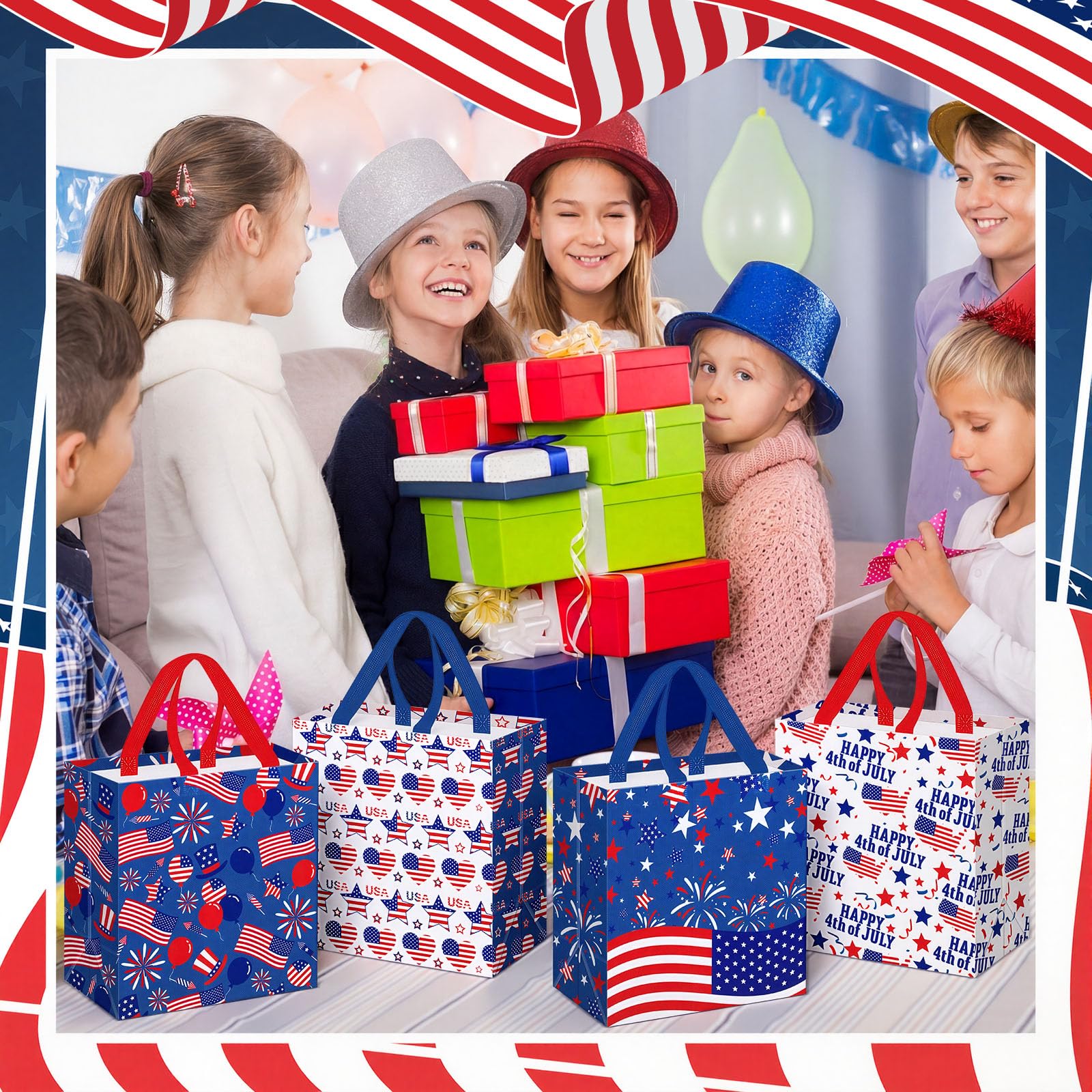 Wesnoy 48 Pcs 4th of July Patriotic Gift Bags Bulk with Handle Non Woven 250th Anniversary Goodie Bag Independence Day American Flag Memorial Day Tote Bag Holiday Party Favor, 11.4 x 10.6 x 4.7 Inch
