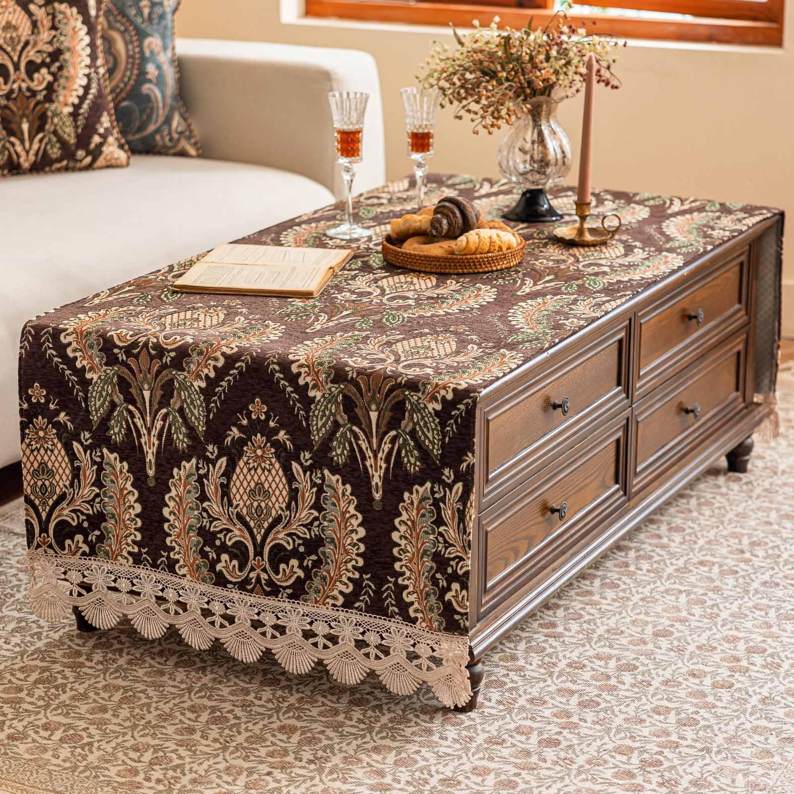 Photo 1 of KEEMIR Luxury Chenille Coffee Table Cover Non-Slip Silicone Backing Heavyweight French Jacquard Table Cloth with Lace Trim Vintage Floral Furniture Protector(Mdlz Dark Brown Floral,63" L x 23.7" W)