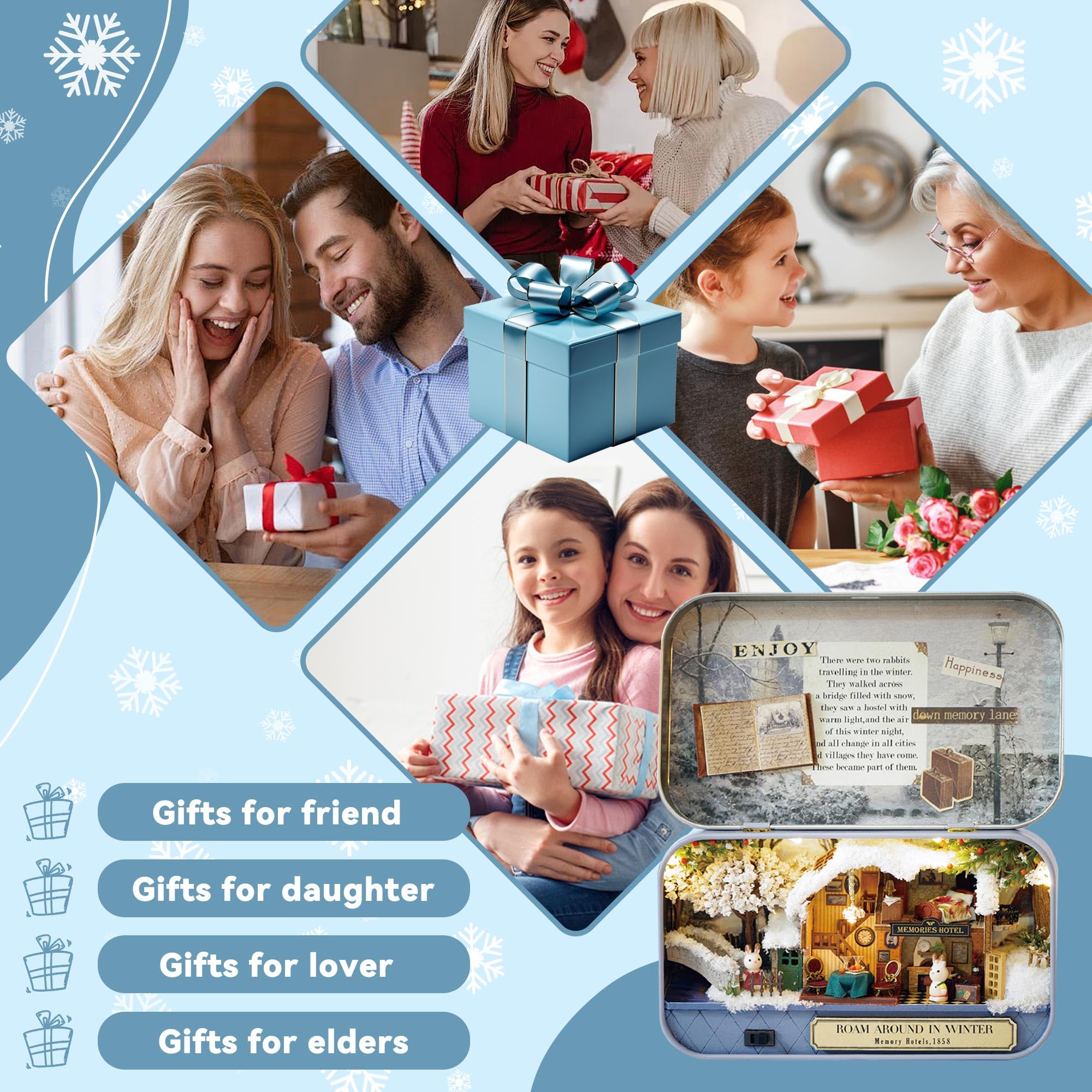 Kit de casa de muñecas en miniatura, habitación creativa con muebles y funda para regalo romántico de San Valentín (pasear en invierno) 7