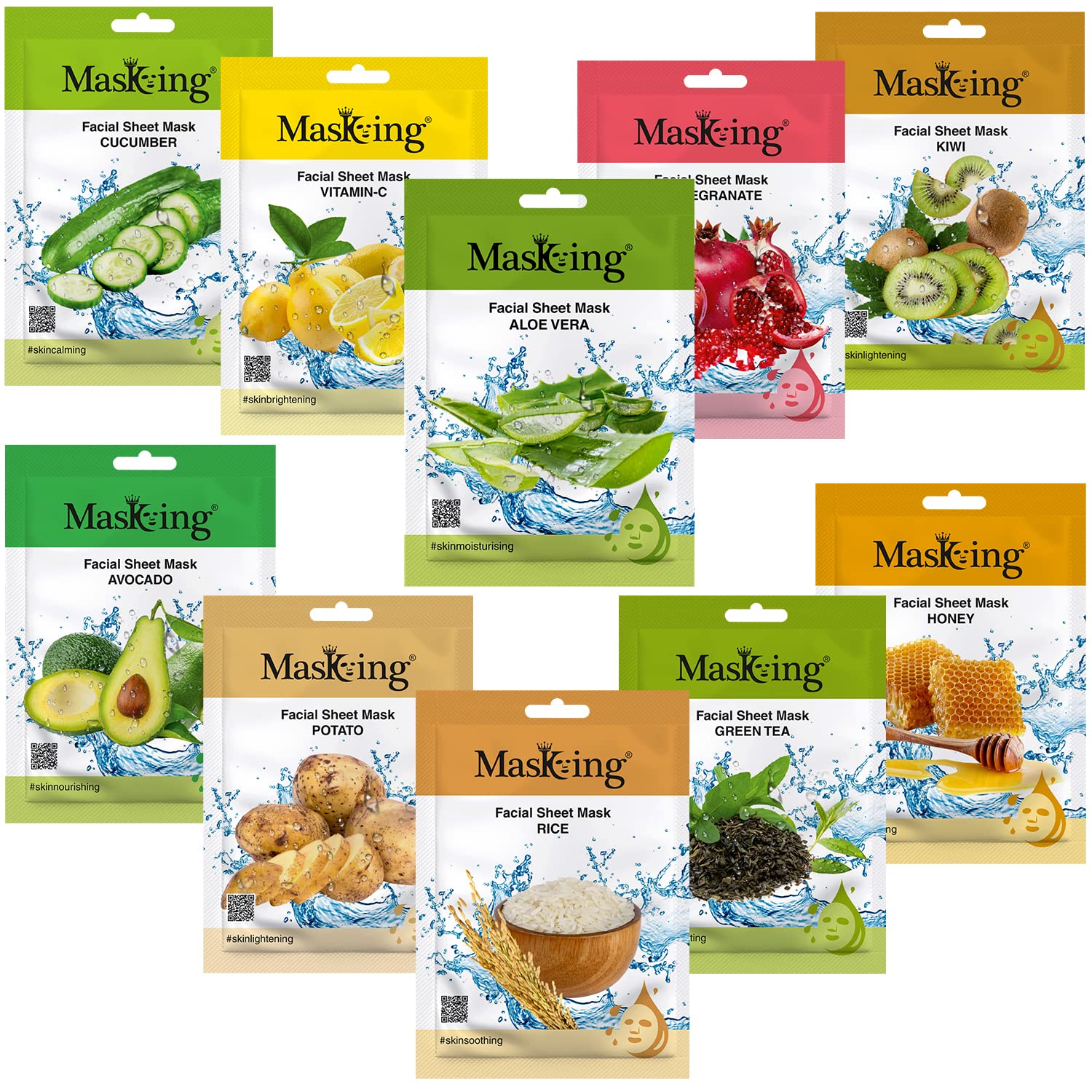 MasKingdiva facial sheet mask for women (pack of 10 combo) for skin brightening lightening face sheet mask with natural extract