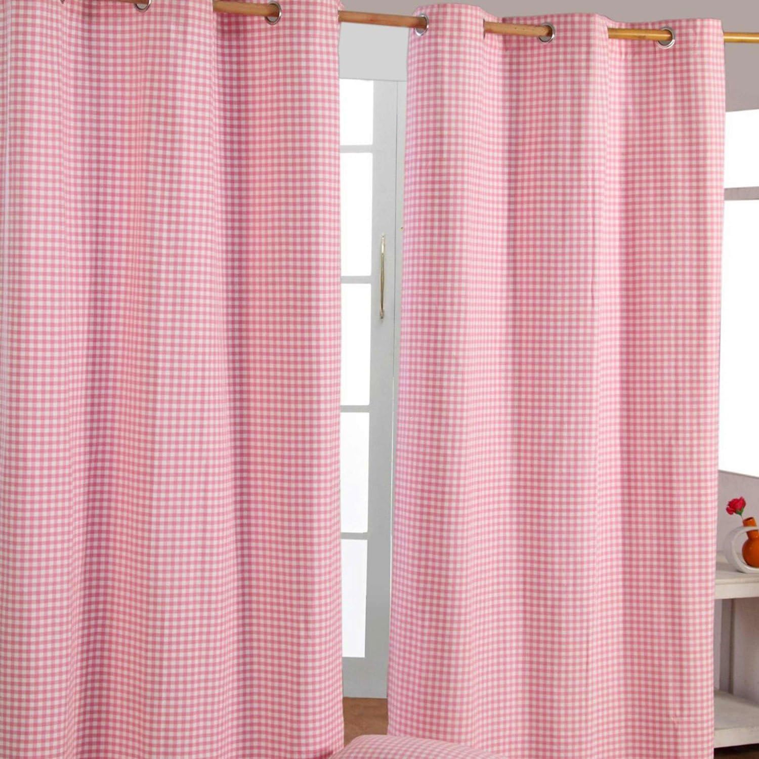 HOMESCAPES Pink Gingham Check Eyelet Curtain Pair 100% Cotton 117cm (46”) Wide x 137cm (54”) Drop, W 46.1" x L 53.9" (2 Panels)
