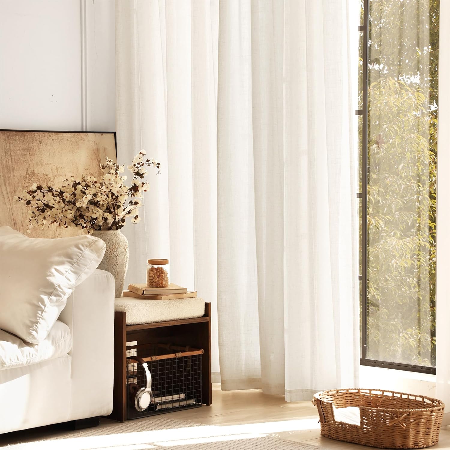 102 inch Long Linen Curtains 2 Panels for Living Room Back Tab Cream Ivory Light Filtering Semi Sheer Curtain 102 inches Long Boho Farmhouse Linen Drapes Floor to Ceiling Length 8 FT 60x102