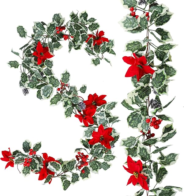 AnyDesign 15.7Ft Christmas Artificial Garlands with Red Poinsettias Berries Holly Leaves and Snowy Pine Cones Faux Vine Hanging Garlands for Winter Xmas Party Home Wedding Frame Backdrop Decor, 2Pcs