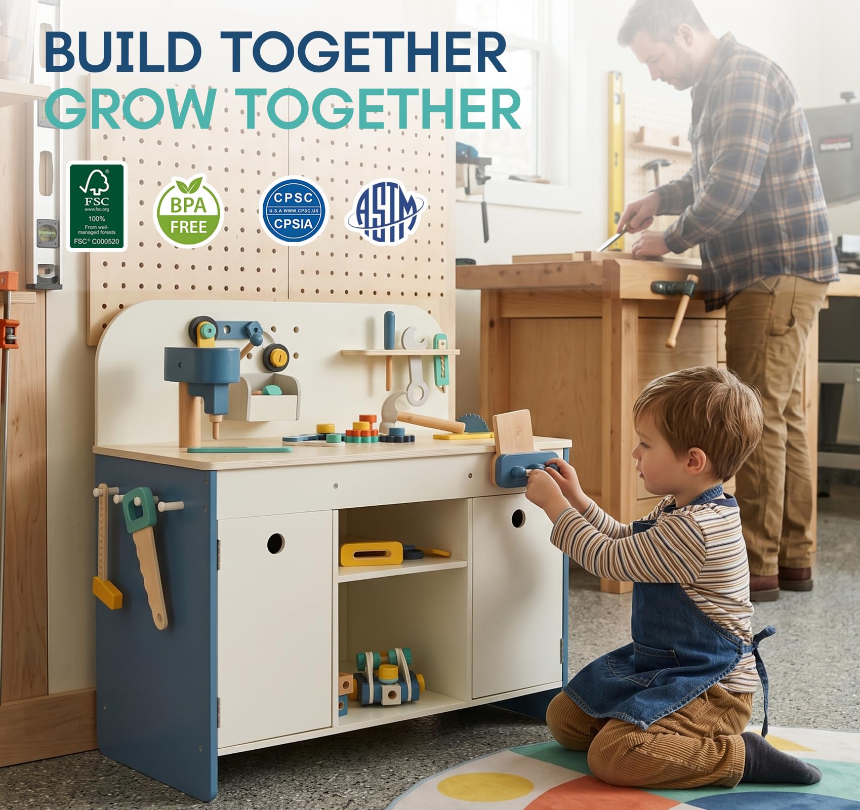 Kinderspielzeug Werkbank Set mit 40+ Teilen – Holz. ab 3 Jahren | Holz Werkzeugkasten & Bastelset , inkl. Bohrmaschine, Hammer, Schraubenzieher, Zahnräder – Kreatives Lernspielzeug