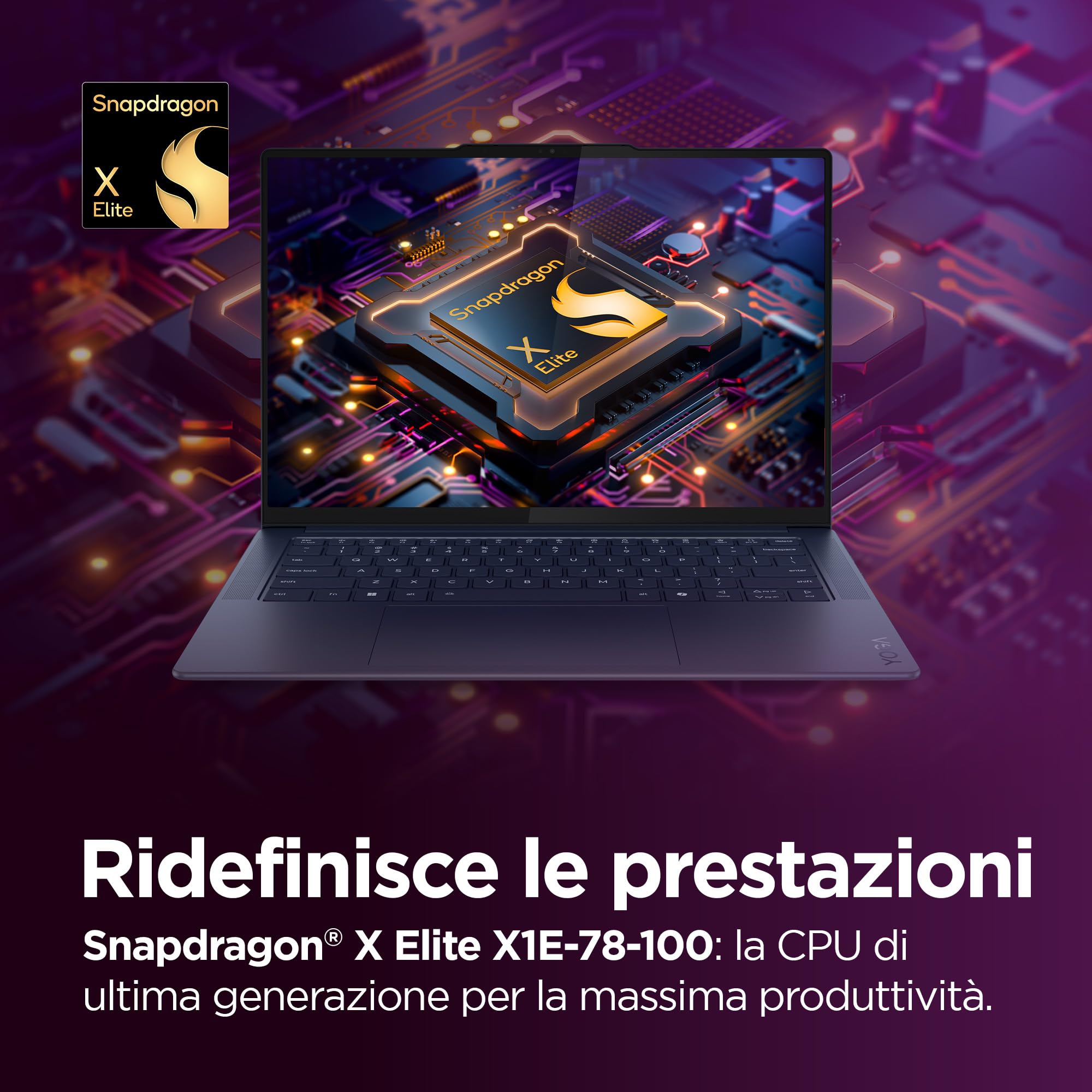 Lenovo Yoga Slim 7x Notebook AI, Display Touch 14.5" 3K OLED (2944x1840) 90Hz, Processore Qualcomm Snapdragon X Elite, RAM 16GB, 1TB SSD, Windows 11 Home Copilot+ PC, WiFi 7 - Blu, Esclusiva Amazon