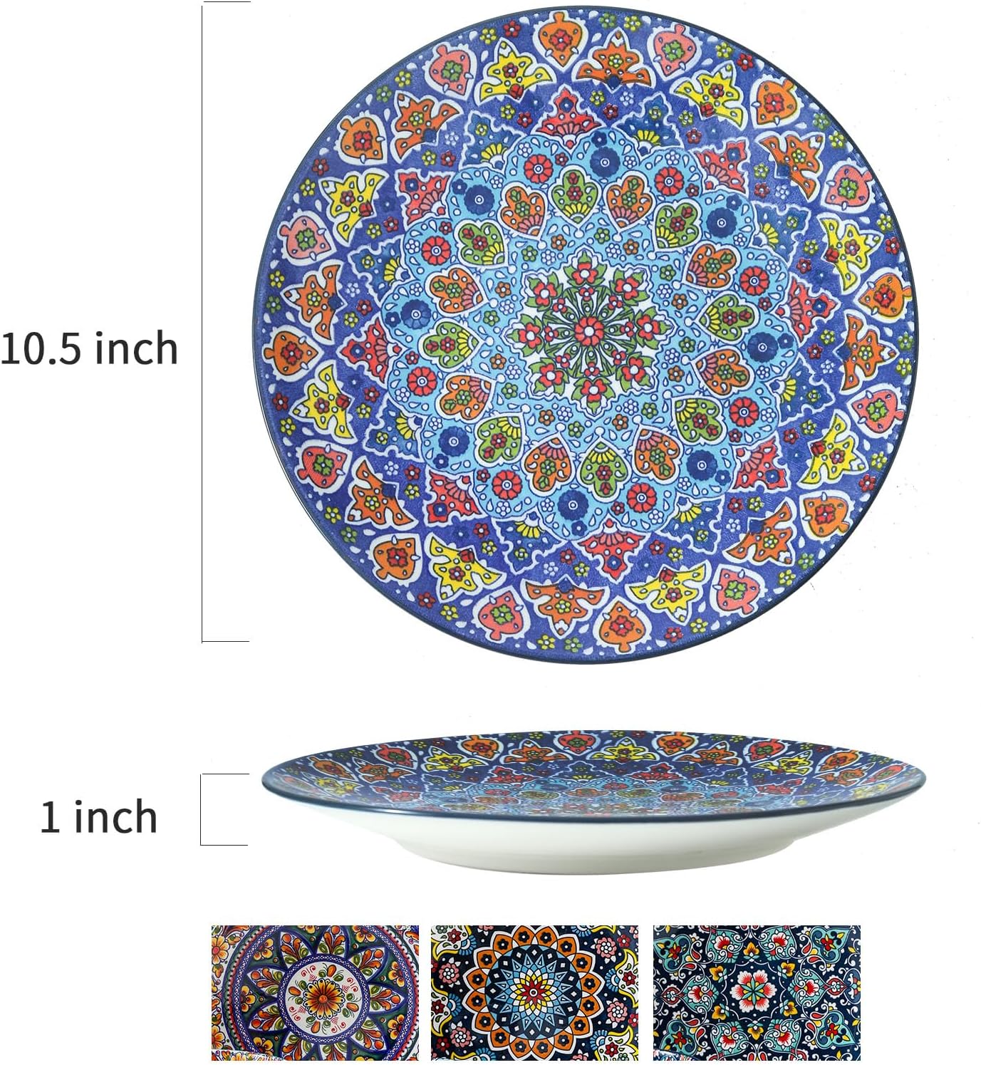 HASENSE Dinner Plate Set of 4, 10.5 Inch Porcelain Plates for Kitchen, Large Salad Plates for Steak, Dishes Set for Restaurant, Microwave, Oven & Dishwasher Safe for Christmas Gift, Bohemian