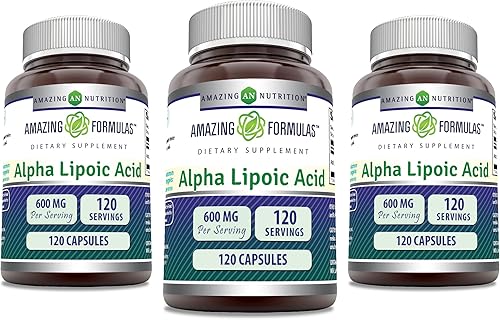 Amazing Formulas - Suplemento de cápsulas de ácido alfa lipoico ALA de 600 mg Sin OMG Sin gluten Fabricado en Estados Unidos Paquete de 3 (120