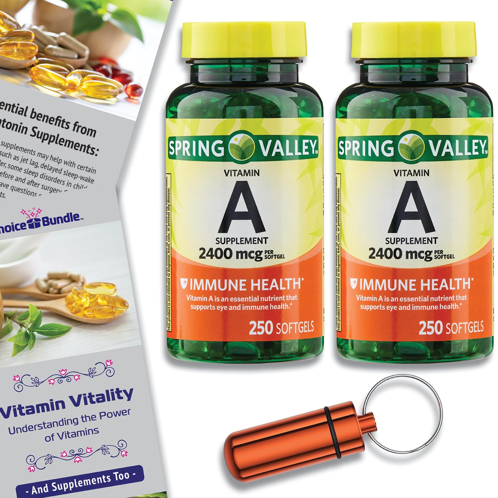 Spring Valley Vitamin A Softgels, 2400 mcg 2Pk Choice Bundle (500 Total) + Vitamin Vitality Guide and Pill Container (4 Items)!