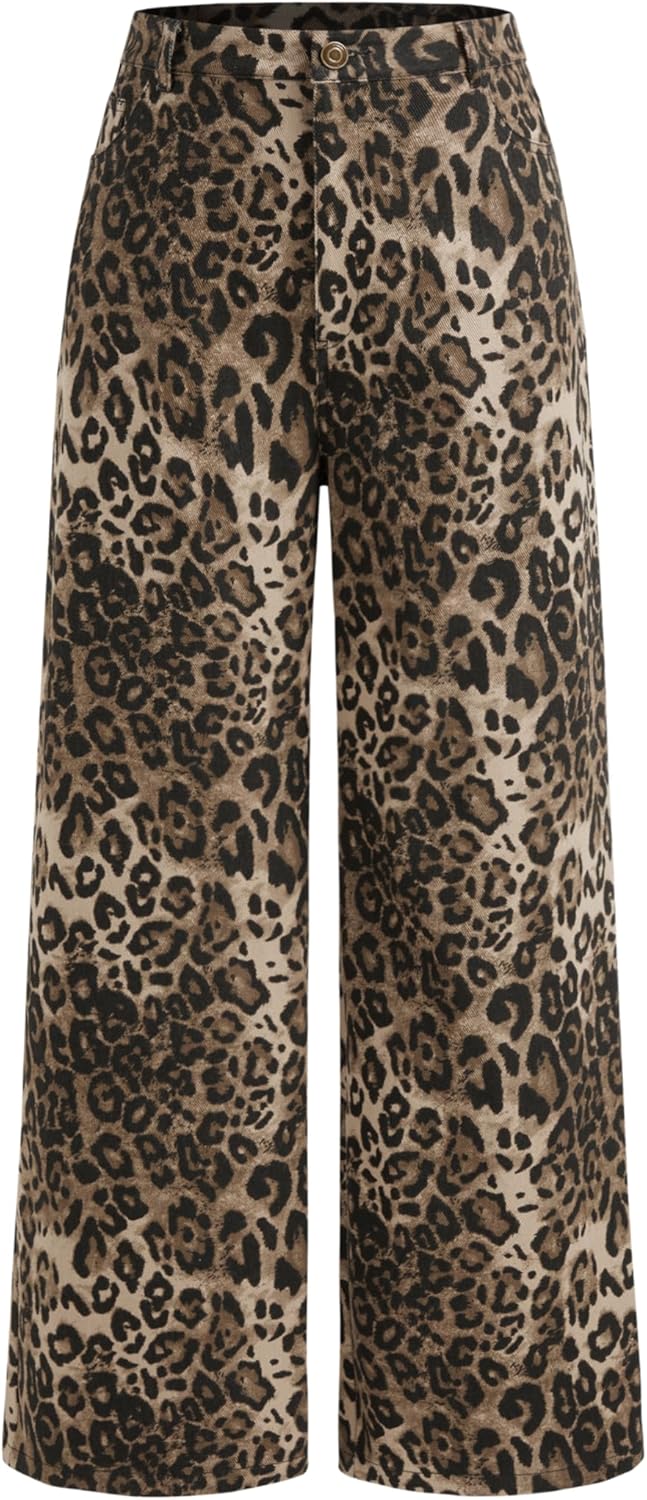 CIDER Denim Mid Waist Leopard Wide Leg Pants