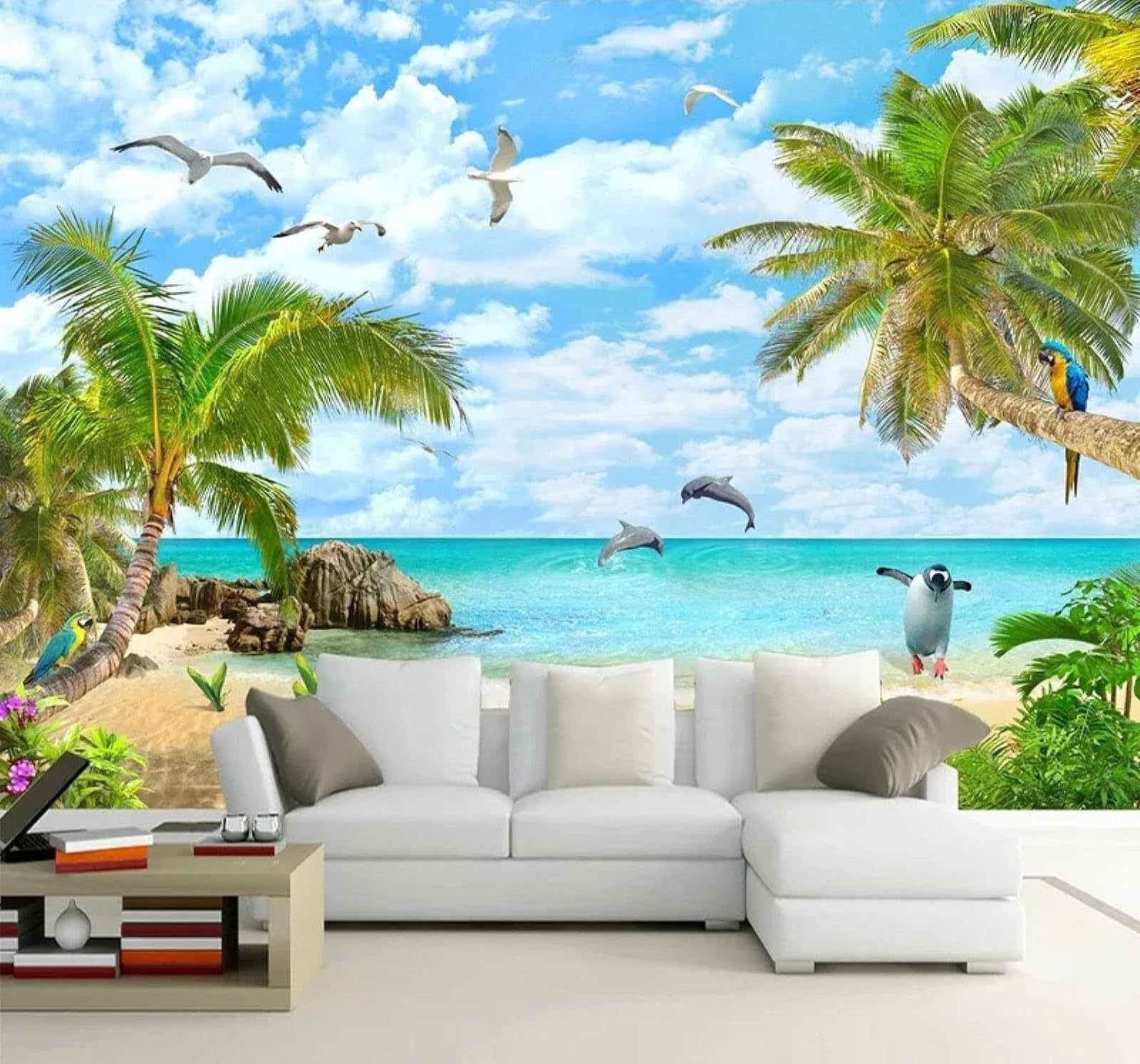 XLMING Fresh Beautiful Seascape Coconut Trees Beach 3D Wallpaper Premium Textured Silk Study Dining Living Room Bedroom Sofa TV Wall Easy Install-400cm×280cm