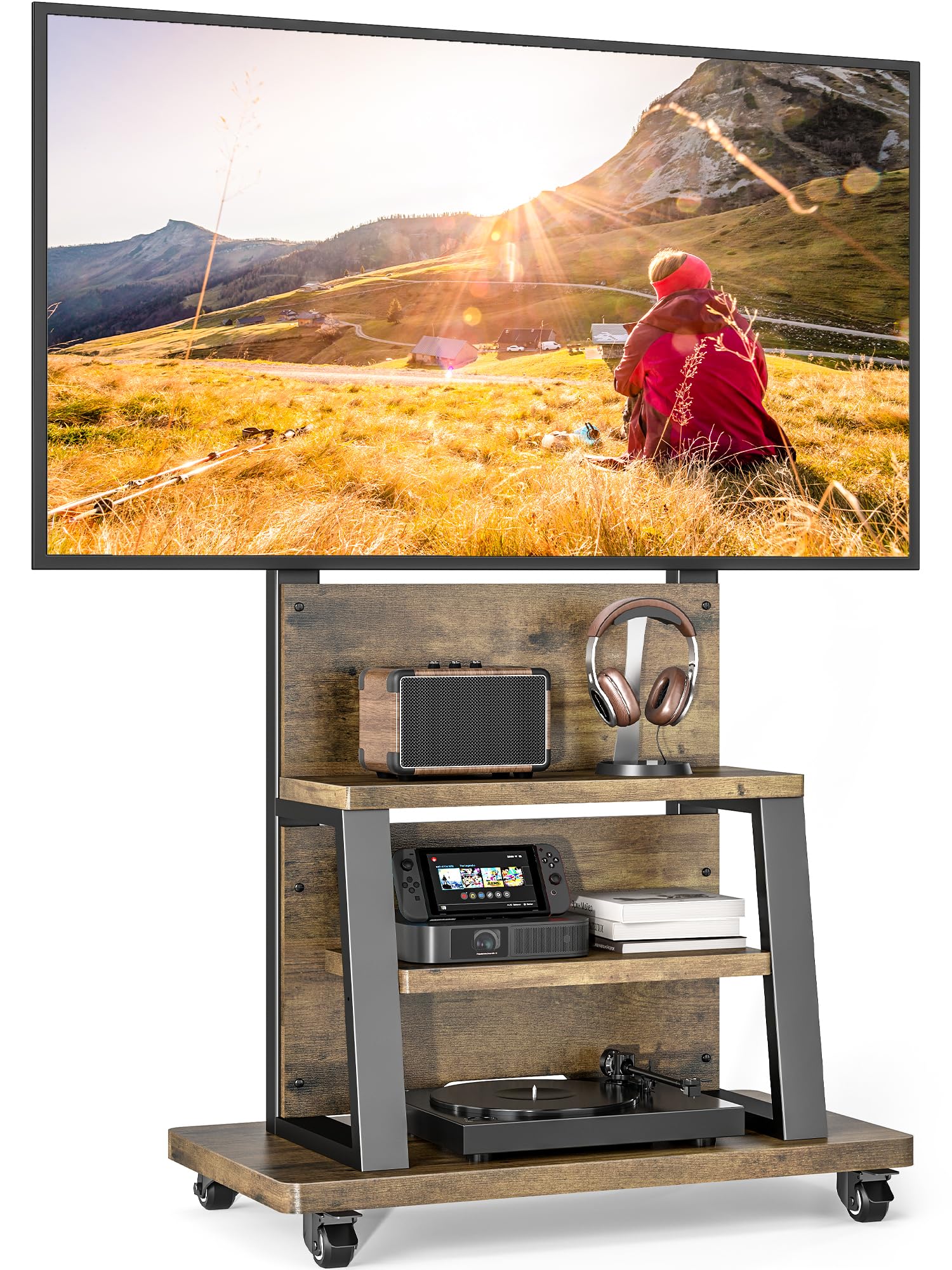 Mobile Supporto TV da Pavimento per TV da 37 a 75 pollici, carrello TV mobile con portaoggetti a 3 ripiani, Porta TV da terra altezza regolabile (68 kg carico), MAX VESA 600x400 mm