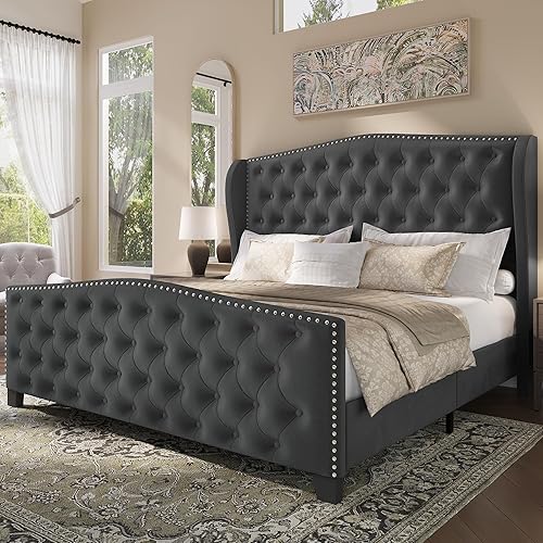 Miniatura 10 de Marco de cama tapizado tamaño Queen en terciopelo color beige con cabecera y pie de cama acolchados con botones profundos y soporte de listones de