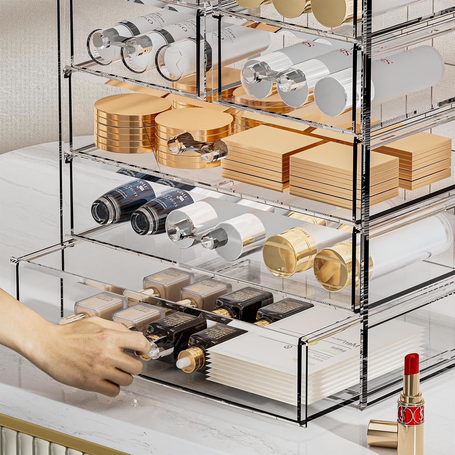 888 TIAN LUN Acrylic Clear Large Makeup Organizer - Jewelry Holder Organizer, Perfect Make Up Organizers and Storage for Vanity, Bathroom (3 Large, 4 Small Drawers - Clear)