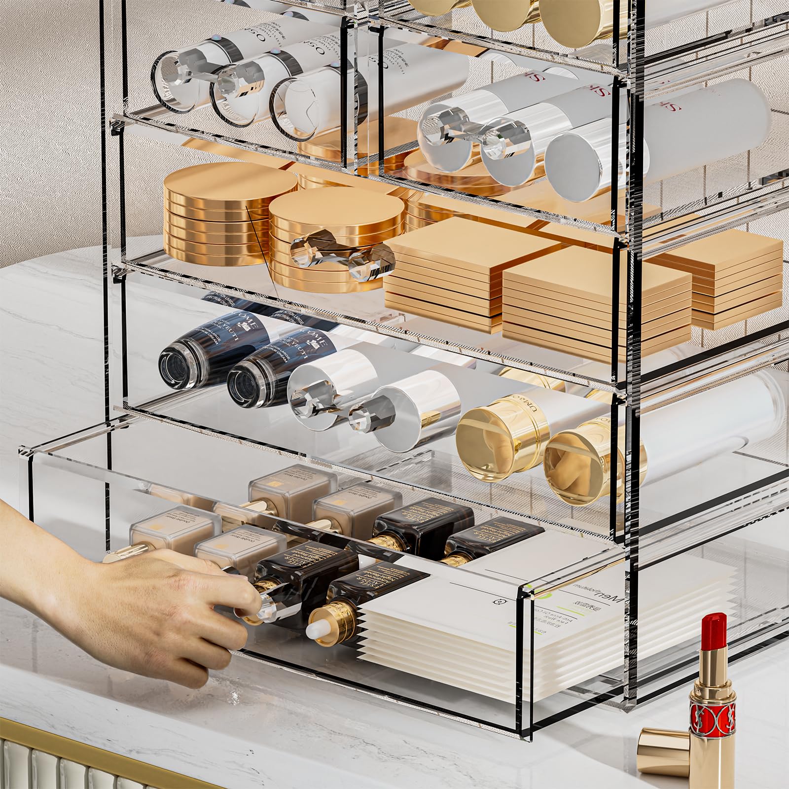 Organizador de maquillaje grande de acrílico transparente, organizador de joyas, organizador de maquillaje perfecto y almacenamiento para tocador, baño (3 cajones grandes, 4 pequeños,