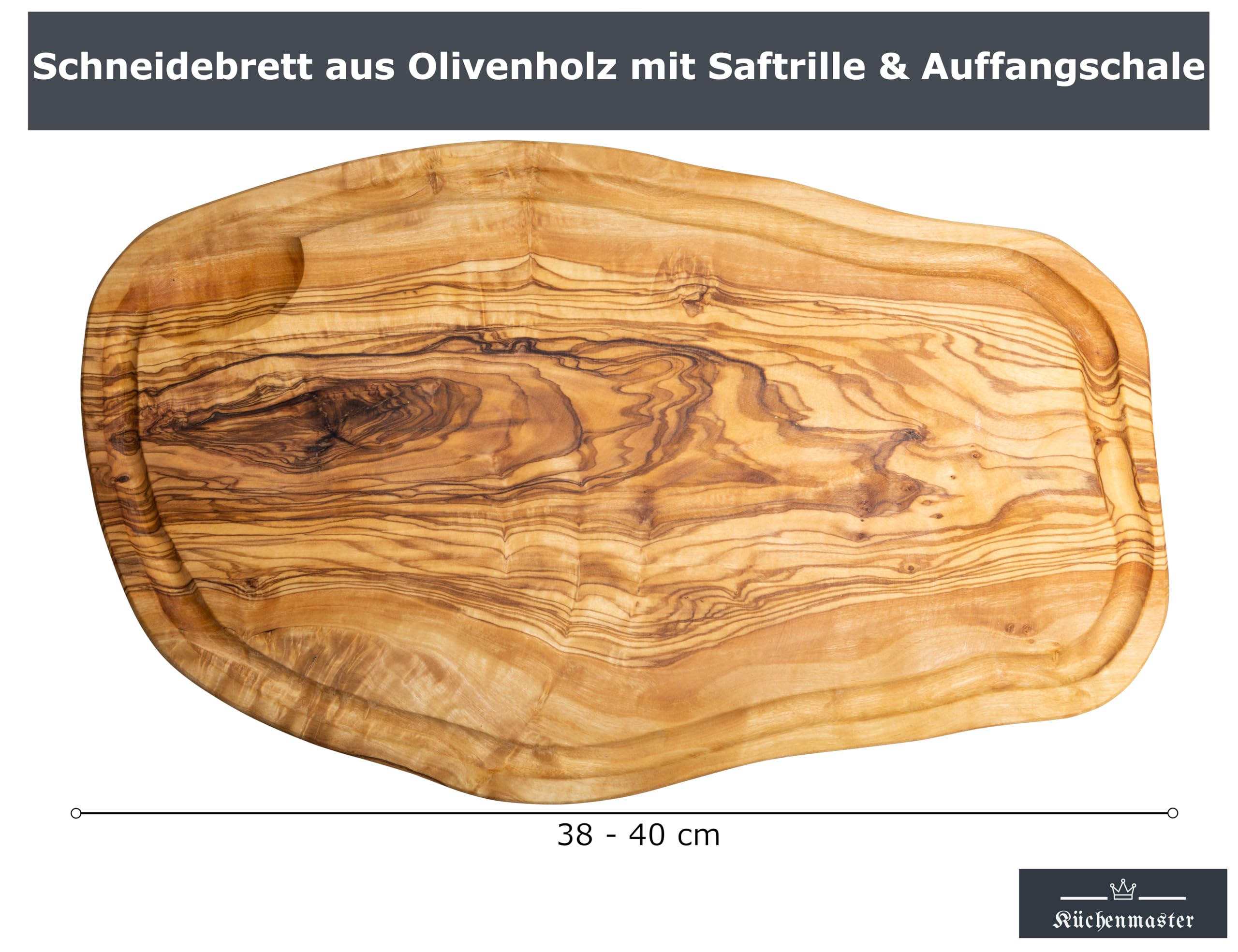 Tagliere con scanalatura in legno d'ulivo, 38-40 cm, tagliere in legno d'ulivo, tagliere da bistecca, tagliere per carne igienico, antibatterico