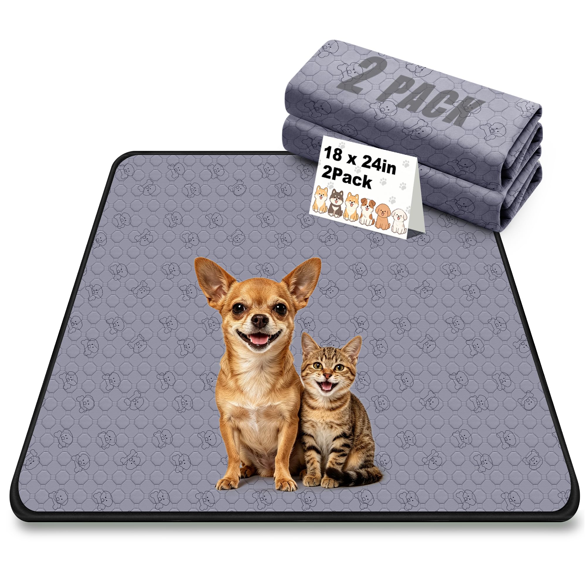 Zlune Grey 2 Pack Washable Pee Pads For Dogs, Reusable Training Puppy Pads Absorbency Non-Slip & Leak-Proof For Pet Whelping Box Playpen Crate Sofa Bed Floors ( 45Cm × 60Cm ,Gray)