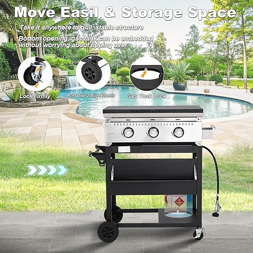 Miniatura 2 de MELLCOM Plancha de gas para exteriores de 3 quemadores de 30000 BTU con tapa (estante lateral), plancha portátil de superficie plana de 28 pulgadas