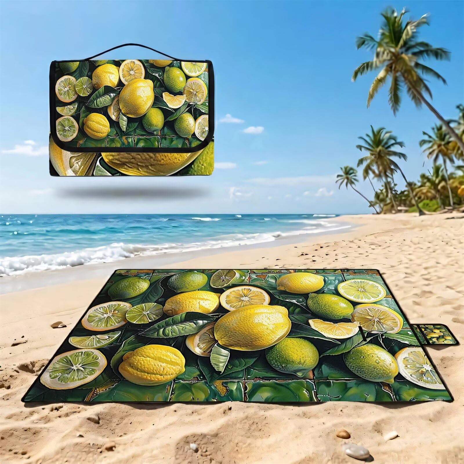 Couverture de Pique-Nique Grande 200x300 cm,Outdoor Couverture Imperméable,Pliable Tapis de Plage Dos en PVC Anti-Sable,Picnic Blanket pour Camping Accessoires,Jardin,Parc,Famille - Vert,citron UZ-522