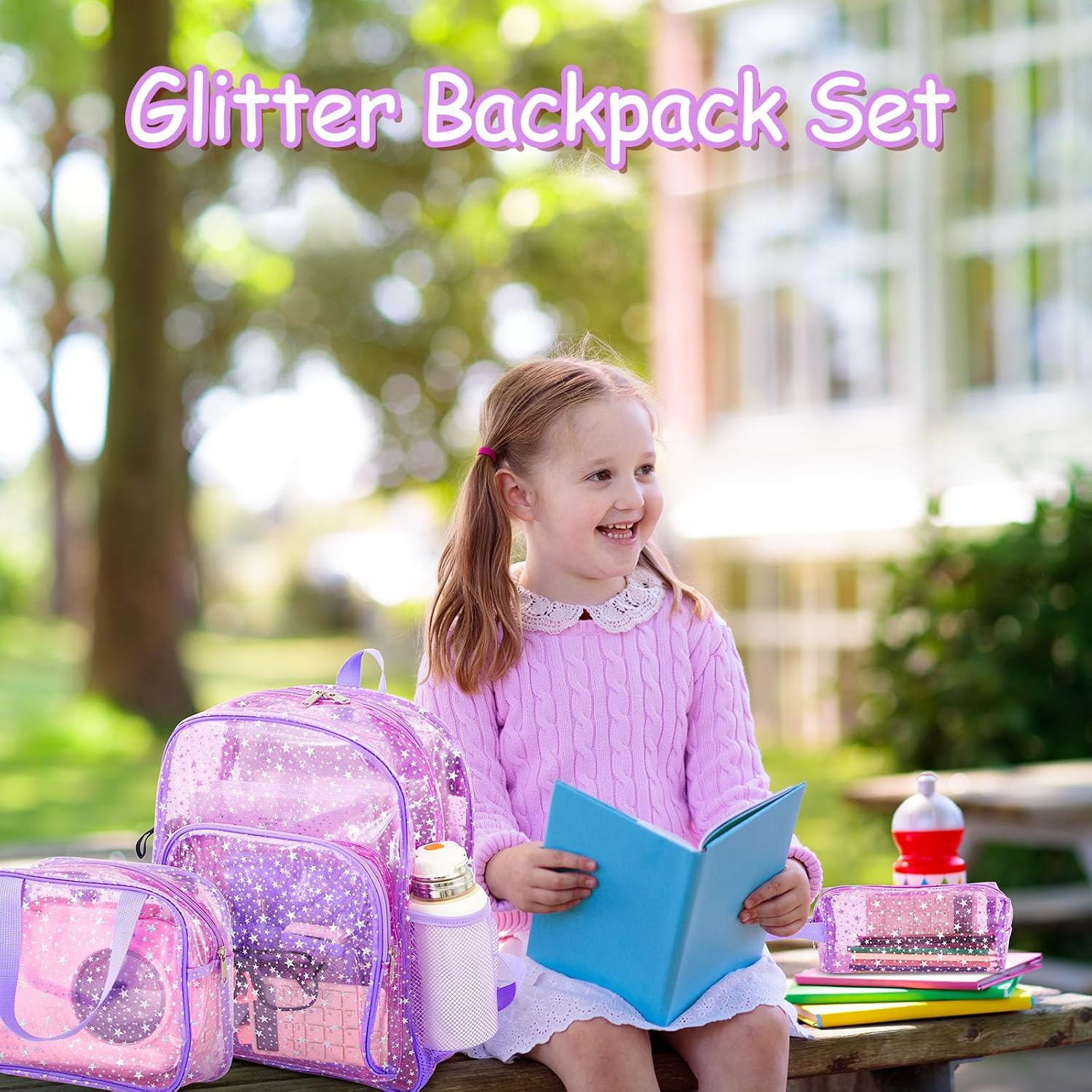 3 Pcs Glitter Star Backpack for Girls School Bookbag with Lunch Bag Pencil Case for Students Work Travel Stadium Events