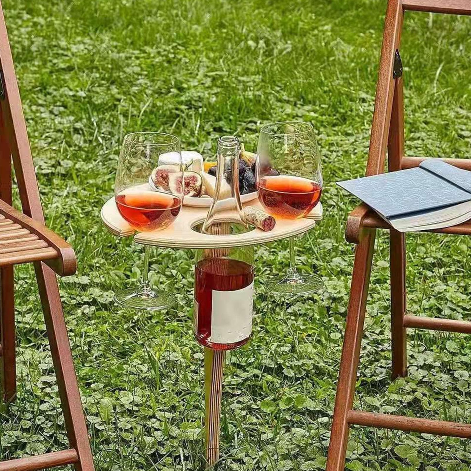 Palo Pieghevole da Tavolo per Vino con Supporto in Vetro, Portabottiglie Portatile in Legno per Picnic in Campeggio All'aperto